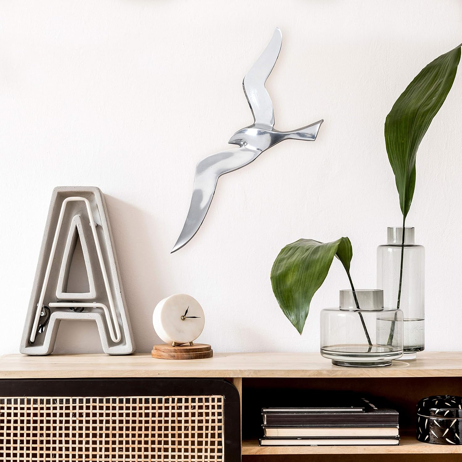 WHW Whole House Worlds Americana Flying Sea Gull Wall Sculpture, Handcrafted, Cast of Fine Silver Aluminum, 18 1/2 Inches (47 cm) Long, 7 Inches (18 cm) Wide