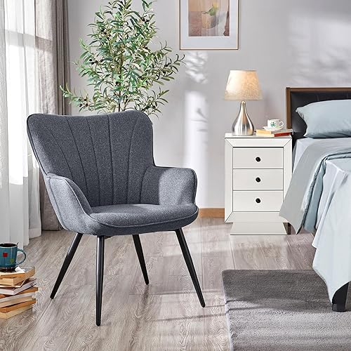 Miniatura 53 de Yaheetech Silla decorativa, sillón moderno y elegante, silla de tocador de tela de lino con patas de metal y respaldo alto para sala de estar,