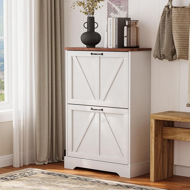 Semiocthome Farmhouse Shoe Storage Cabinet with 2 Flip Drawers, 23.6"(W) Freestanding Shoe Organizer with Barn Door and Metal Handles for Entryway, Corner Rustic Narrow Shoe Rack Cabinet - White