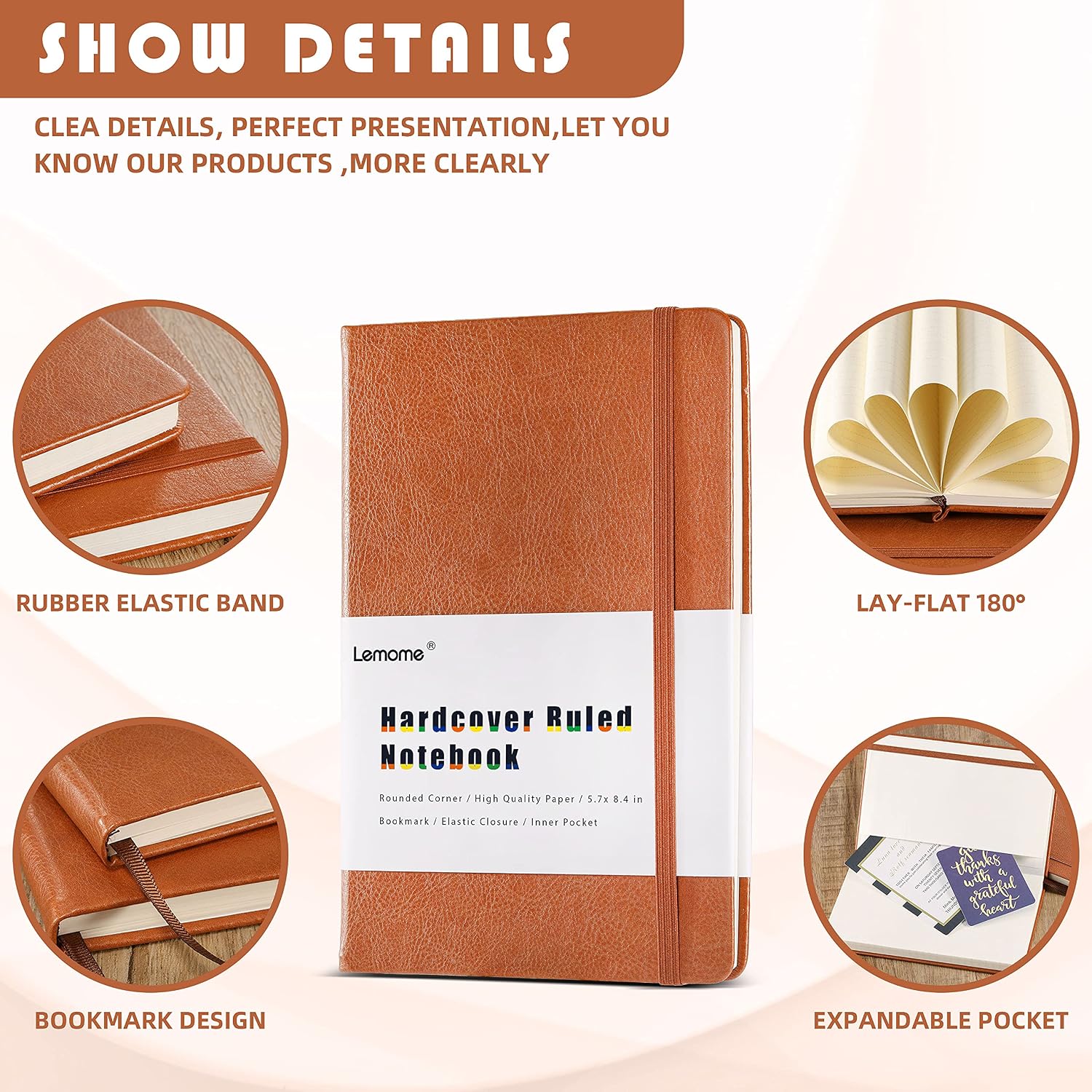 Ruled Notebook/Journal - Plain/Classic Notebook/Journal, 8.4" X 5.3", Leather Hardcover Notebook Banded with Exquisite Inner Pocket, Premium Thick Paper, Elastic Closure, for School, Office & Home