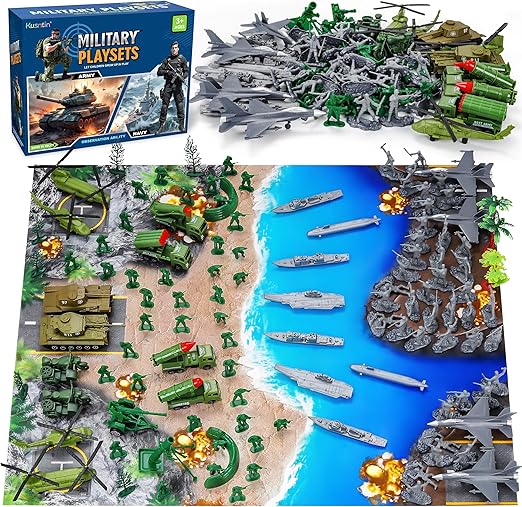 Army Men Playset – 117 Pcs Military Toy Soldiers Set with Action Figures, Battle Mat, Tanks, Helicopter, Submarine & Weapon Gear – Army Toys for Boys Ages 4-12, Great Gift for Kids