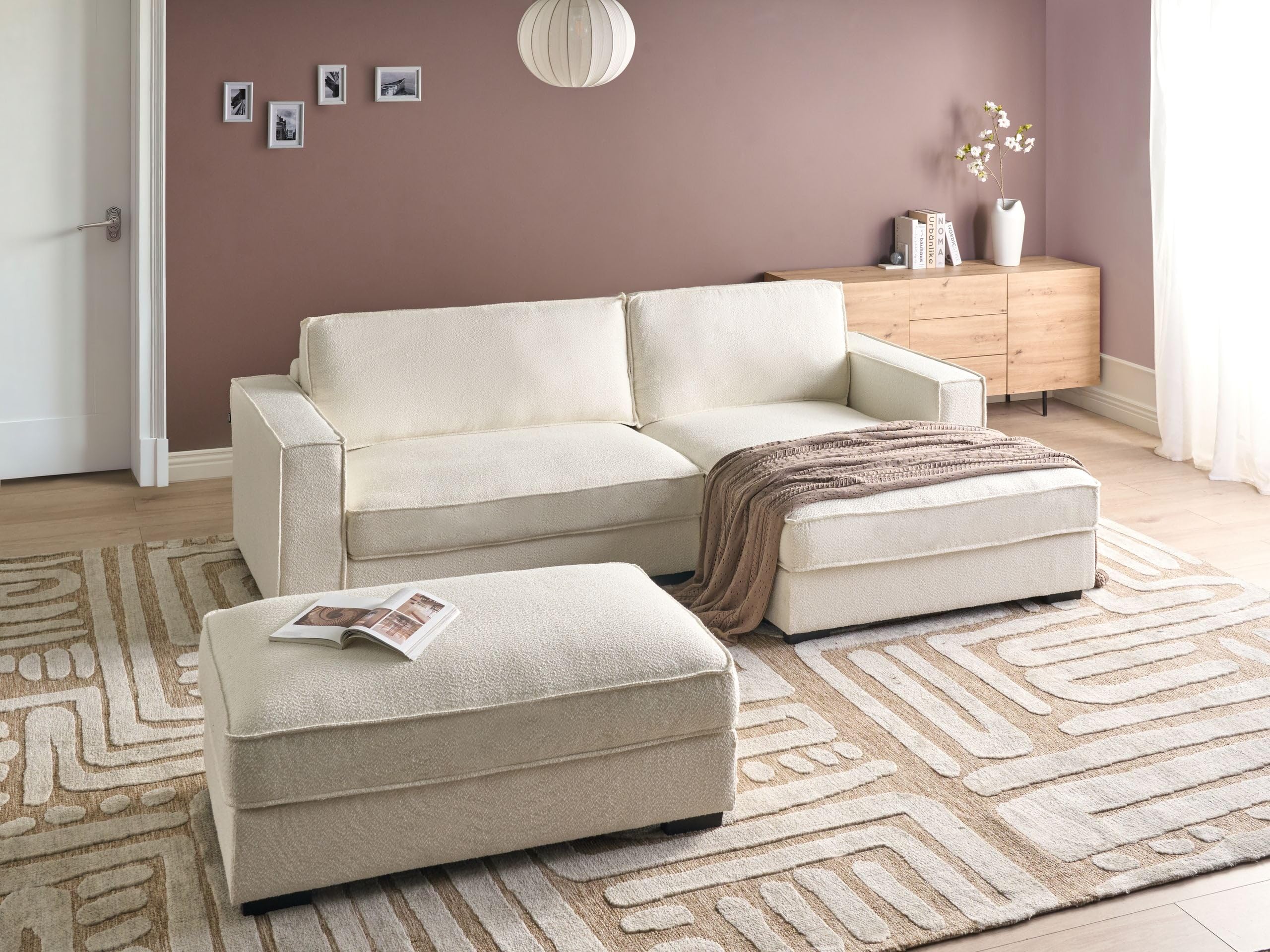 Ecksofa mit Ottomane Bouclé linksseitig creme weiß 3-Sitzer modern Renders
