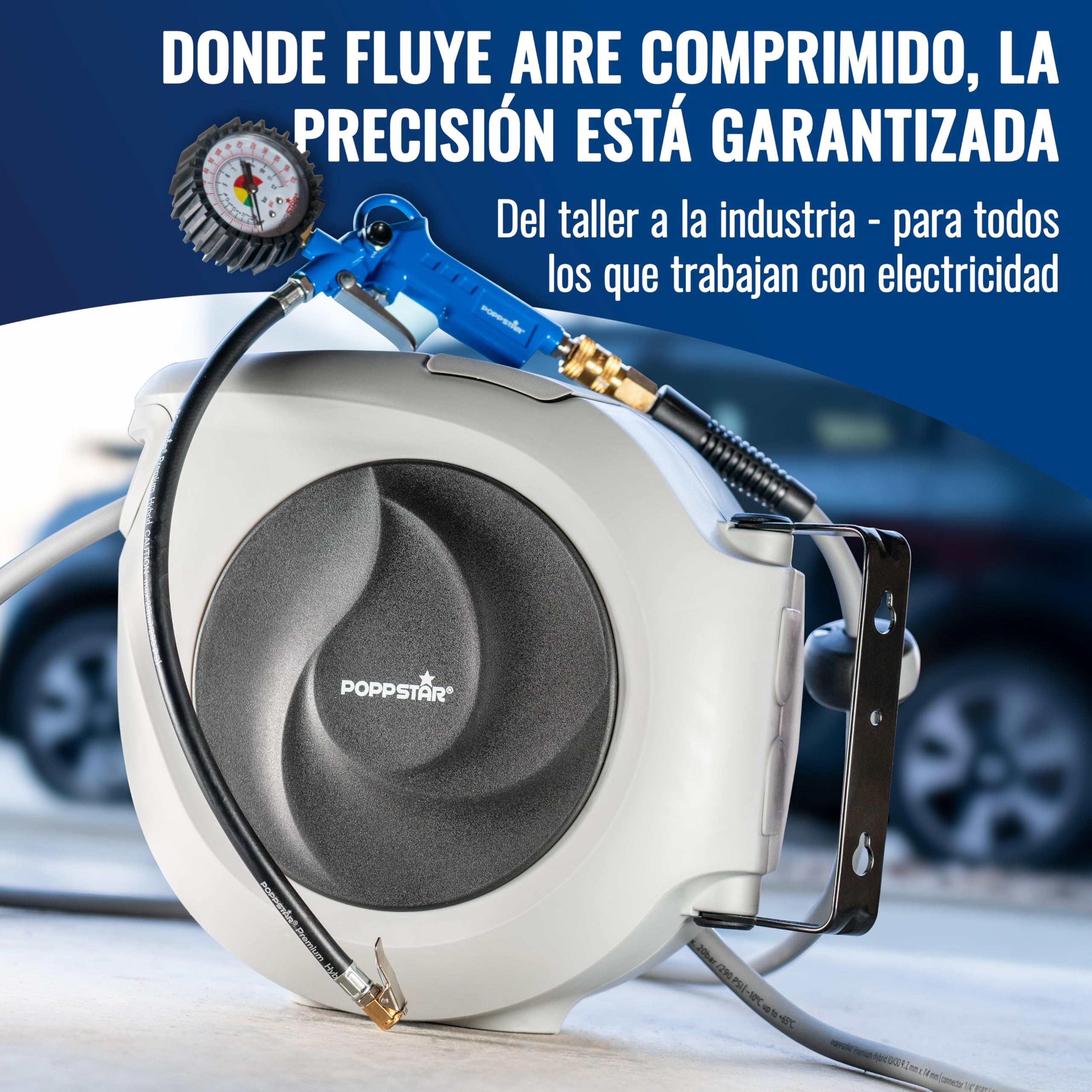 Poppstar Enrollador de manguera de aire comprimido (15m+1,1m, diámetro 3/8" (9,2 x 14 mm)), conexión 1/4" BSPT, carrete de manguera de aire comprimido de PVC híbrido