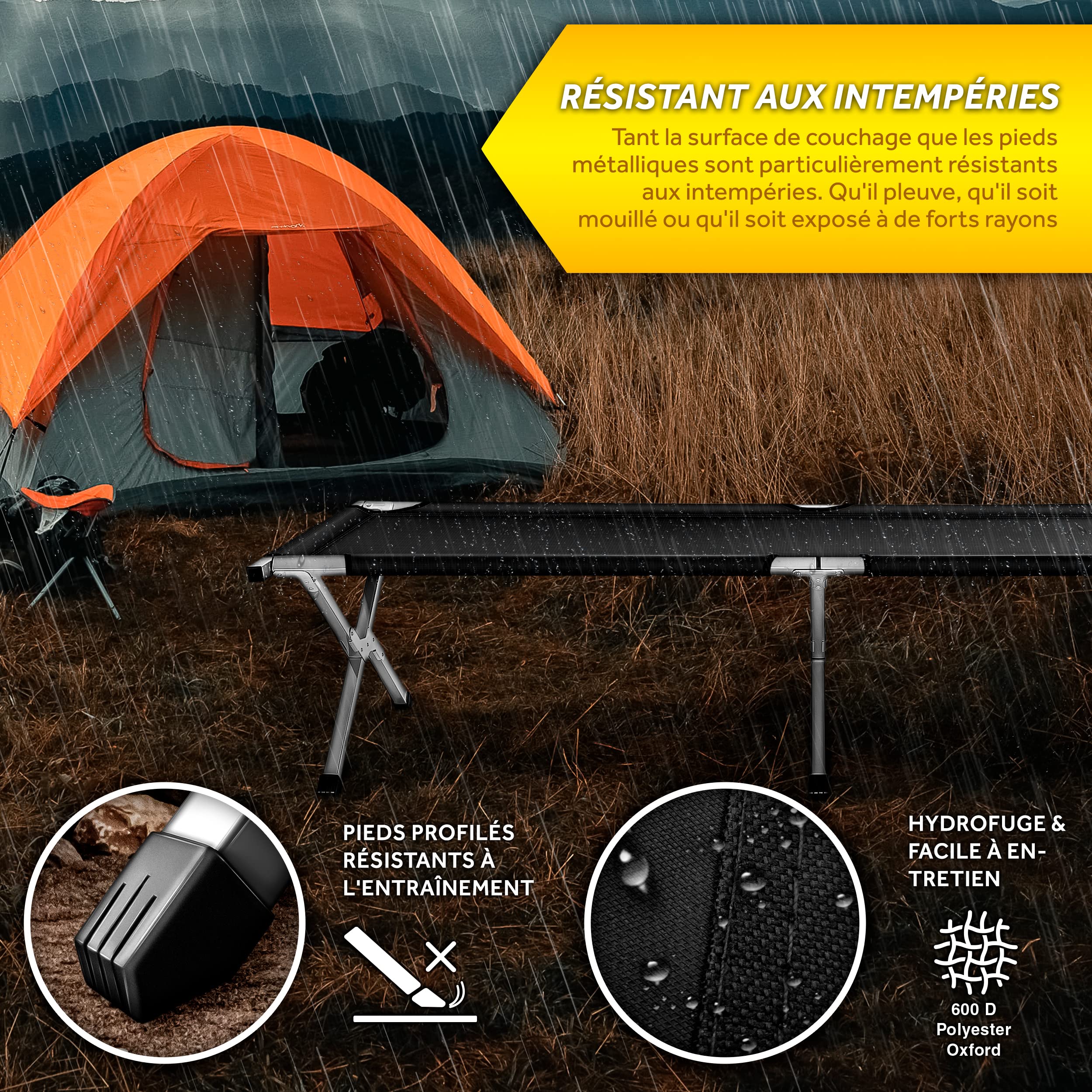 TRESKO XXL Lit de Camp Pliant pour Le Camping | 190 x 64 x 44 cm | Tubes métalliques | Charge Maximal 150 kg (Noir)