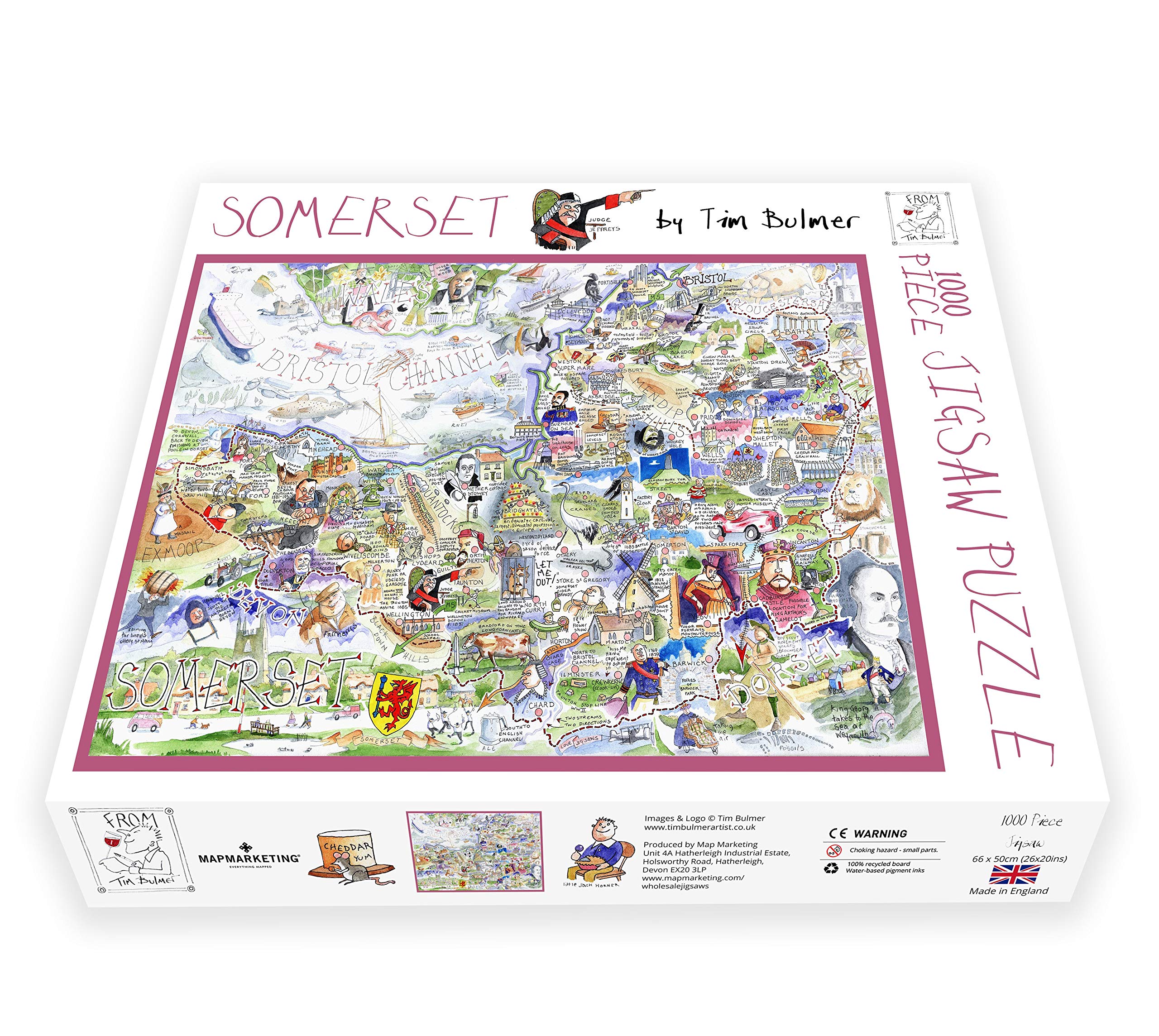 1000 Piece Jigsaw Puzzle - Tim Bulmer's Somerset Map – Hilarious and Detailed Map Featuring Somerset Landmarks, Traits, and Quirks