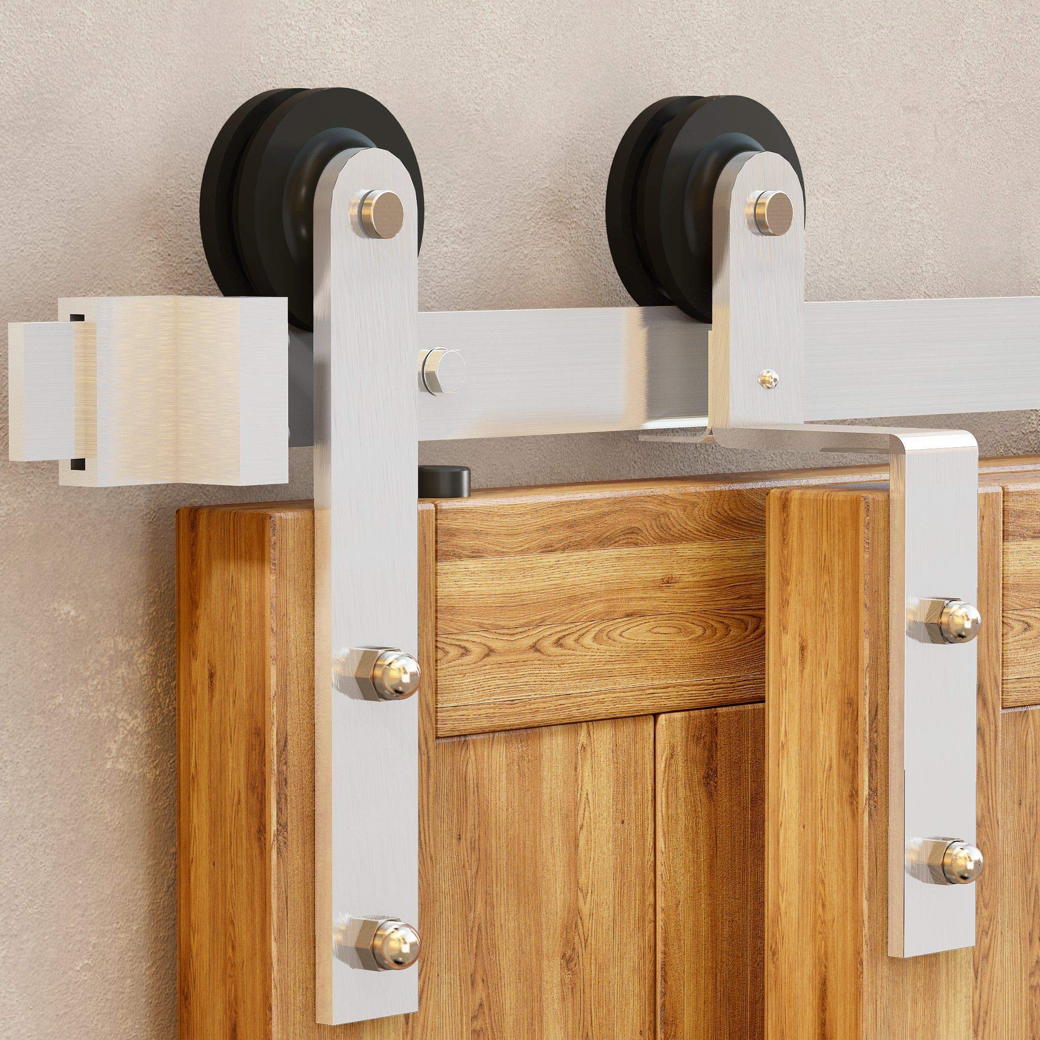 HOMACERBrushed Nickel Single Track Bypass Sliding Barn Door Hardware Kit, for Two/Double Doors, 6.6ft Long Flat Track, StraightDesign Roller
