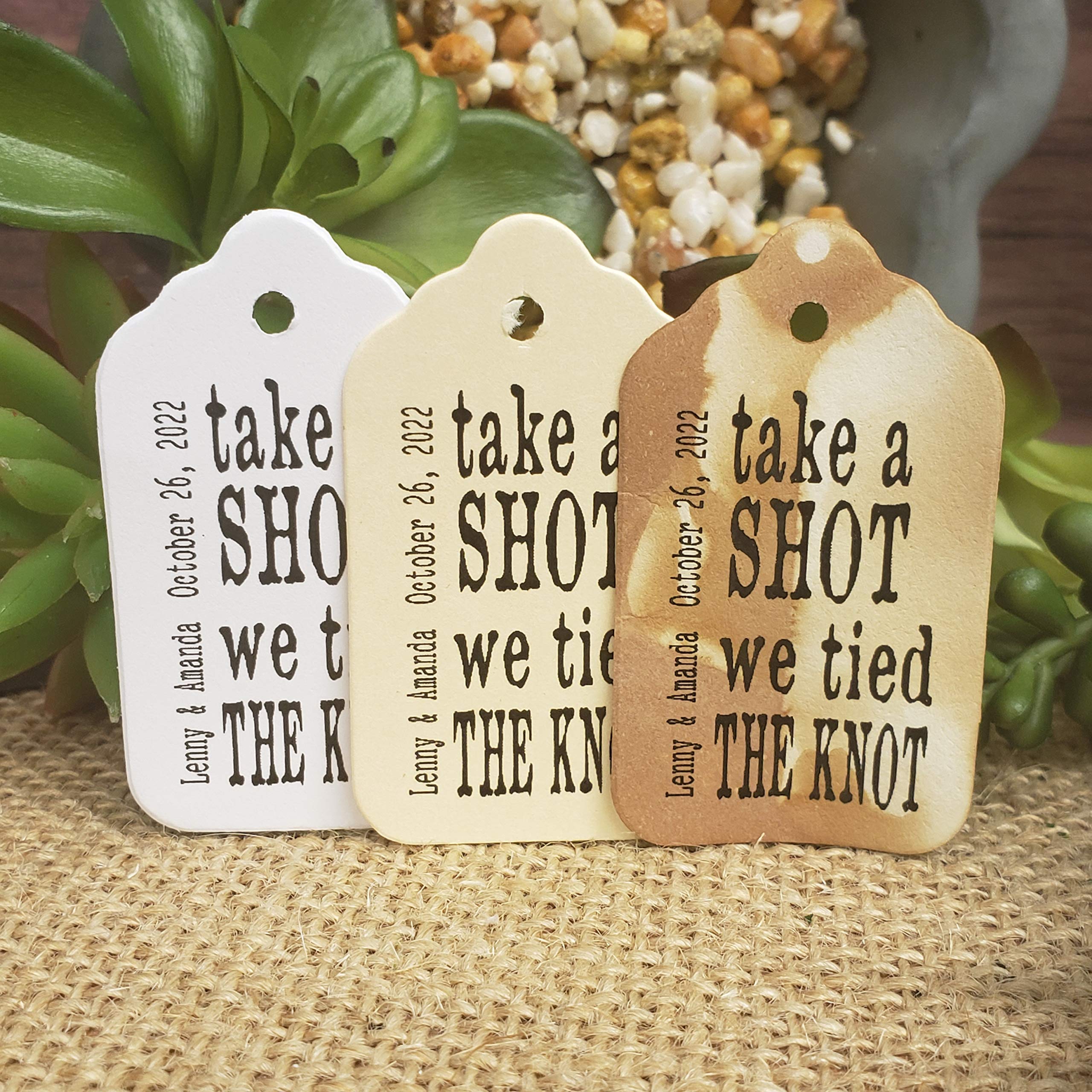 Take a Shot we Tied the Knot Wedding Personalized CardStock Keepsake Souvenir Favor Tag sets of 25 Tags (SMALL 2" x 1 1/8")