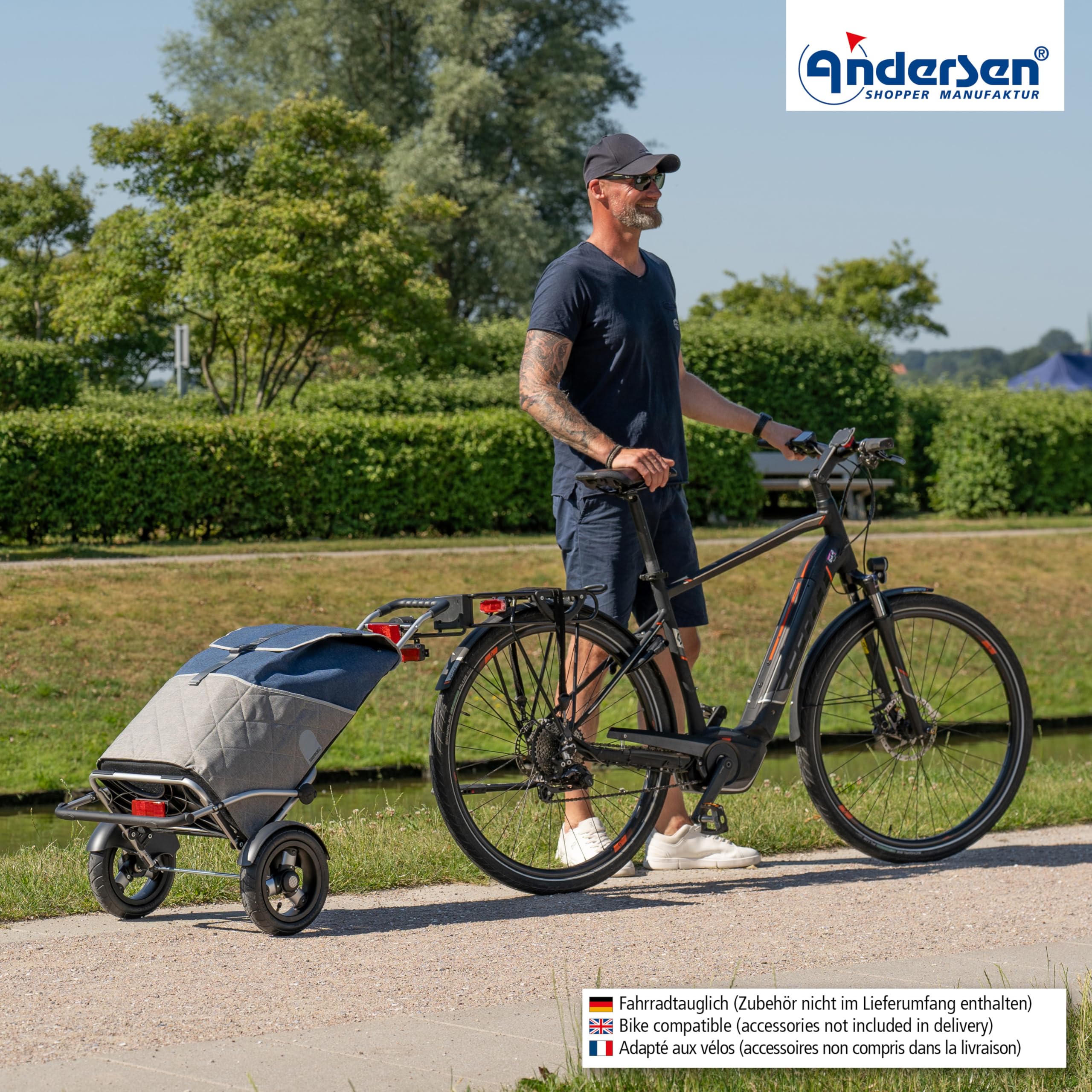 ANDERSEN Einkaufstrolley - Royal Sh. Plus Lasse blau | Fahrradanhänger, Luftbereifung, aus Alu, bis 50 kg - Tasche großes Volumen, Innenfach, Reflektoren, 59 L