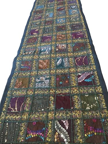 JGARTS Camino de mesa bordado de retazos, tapiz de algodón con lentejuelas indias, bohemio, hippie, para colgar en la pared, tapiz de decoración