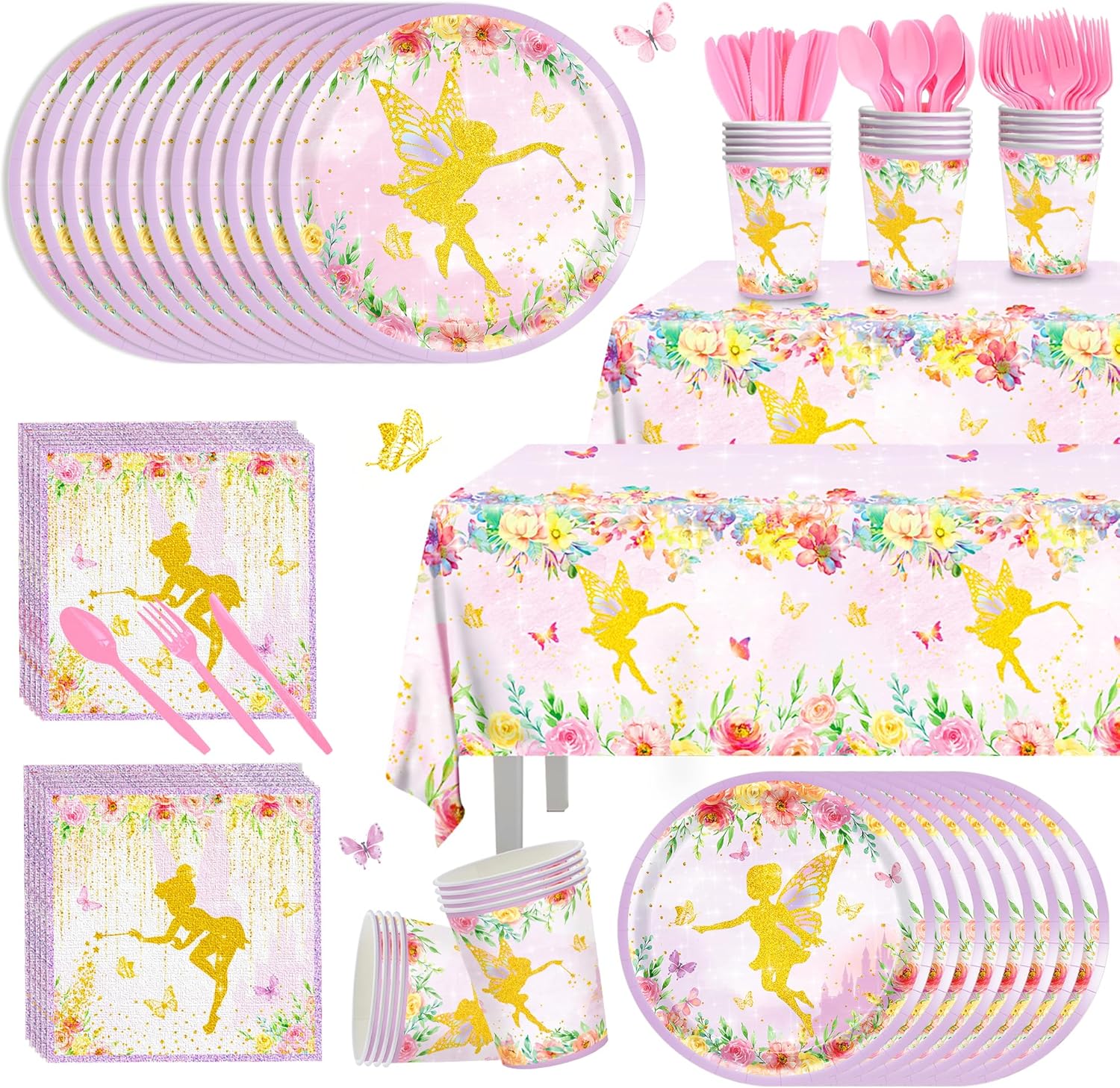 170Pcs Fairy Birthday Party Plates Napkins Party Supplies Paper Cups Tablecloths Knives Forks Spoons Disposable Tableware Set Serve 24 Guests