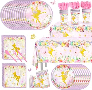 170Pcs Fairy Birthday Party Plates Napkins Party Supplies Paper Cups Tablecloths Knives Forks Spoons Disposable Tableware Set Serve 24 Guests