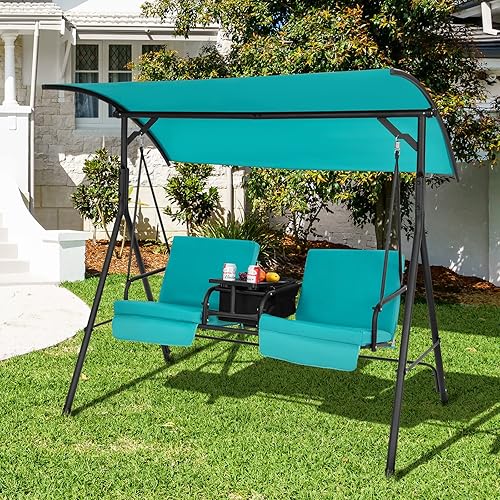 Miniatura 9 de Tangkula Columpio de porche para 2 personas, columpio al aire libre con mesa de almacenamiento pivotante, bolsa refrigerante, 2 soportes para tazas,