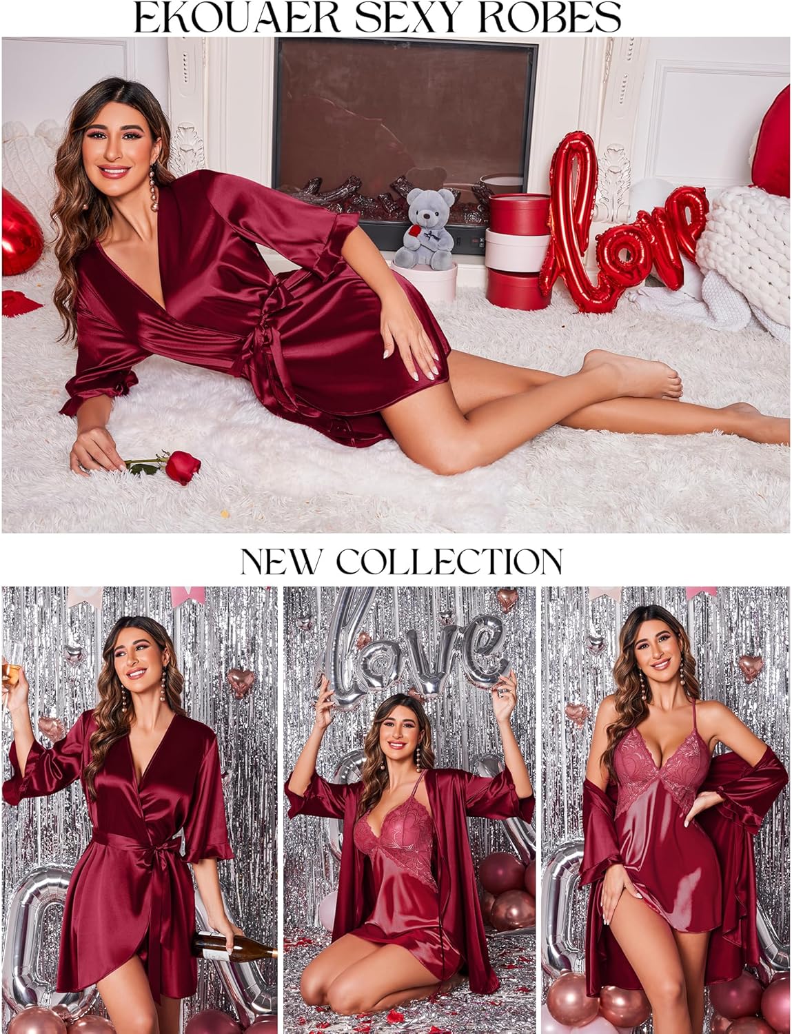 Ekouaer Women's Satin Robe Valentines Lingerie for Women Kimono Bathrobe Short Ruffle Belted Robes Bridesmaids Sleepwear - Image 4