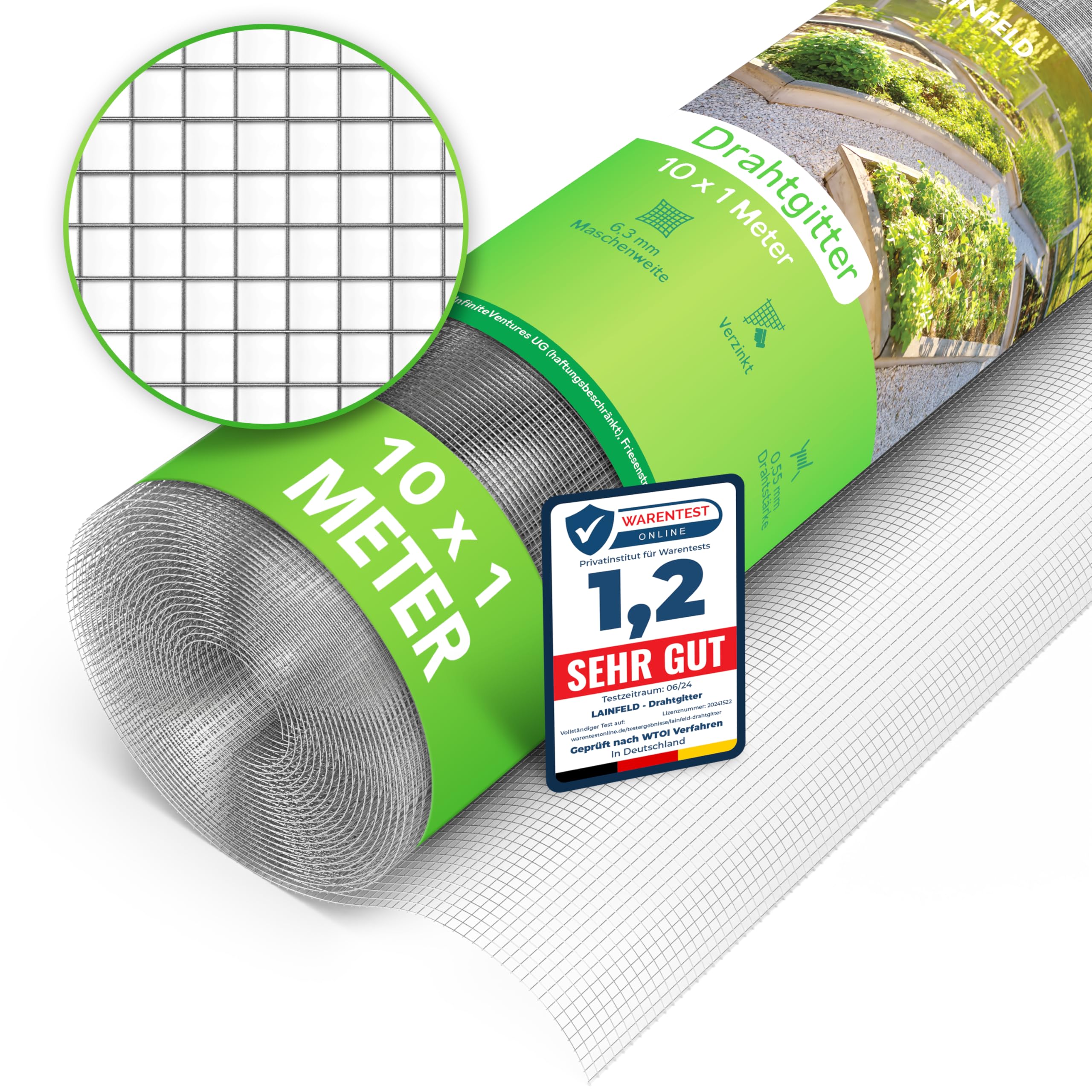 LAINFELD Drahtgitter feinmaschig | 10 x 1 Meter | Wühlmausgitter für Hochbeete mit 6,3 mm Maschenweite | Hasendraht Volierendraht Hochbeet Zubehör