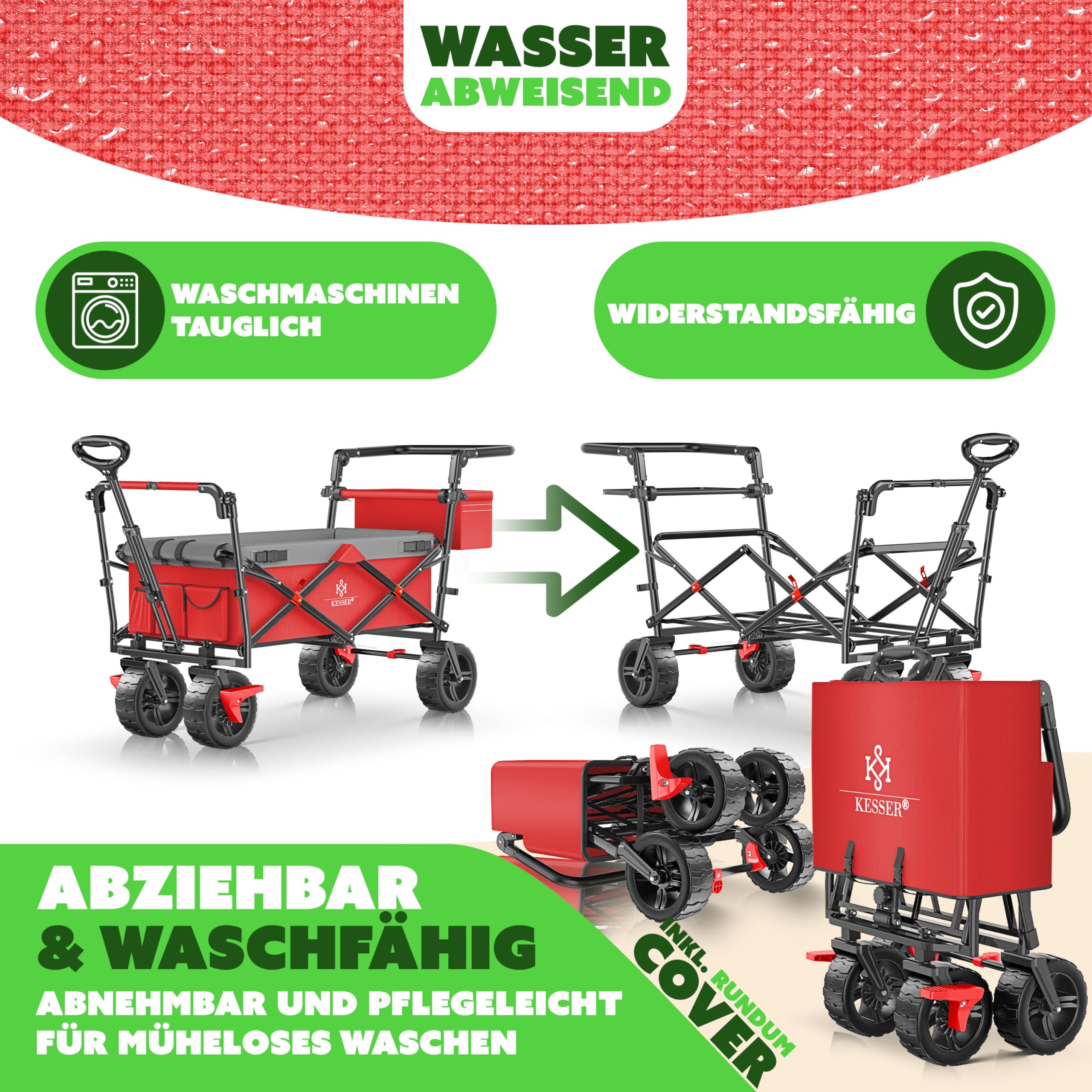 KESSER® Bollerwagen faltbar GT9000 Handwagen mit Dach | Transportwagen max. belastbar bis 150kg mit Hartgummi-Räder & Feststellbremsen (Vorne & Hinten) | Inkl. Schloss, Abdeckung, Wetter & Sichtschutz