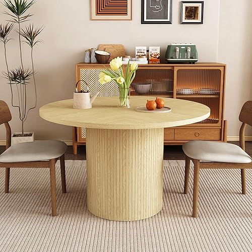 Mesa de comedor redonda para 4, moderna mesa de cocina de granja, mesas de comedor circulares pequeñas de 47 pulgadas con base de tira de madera