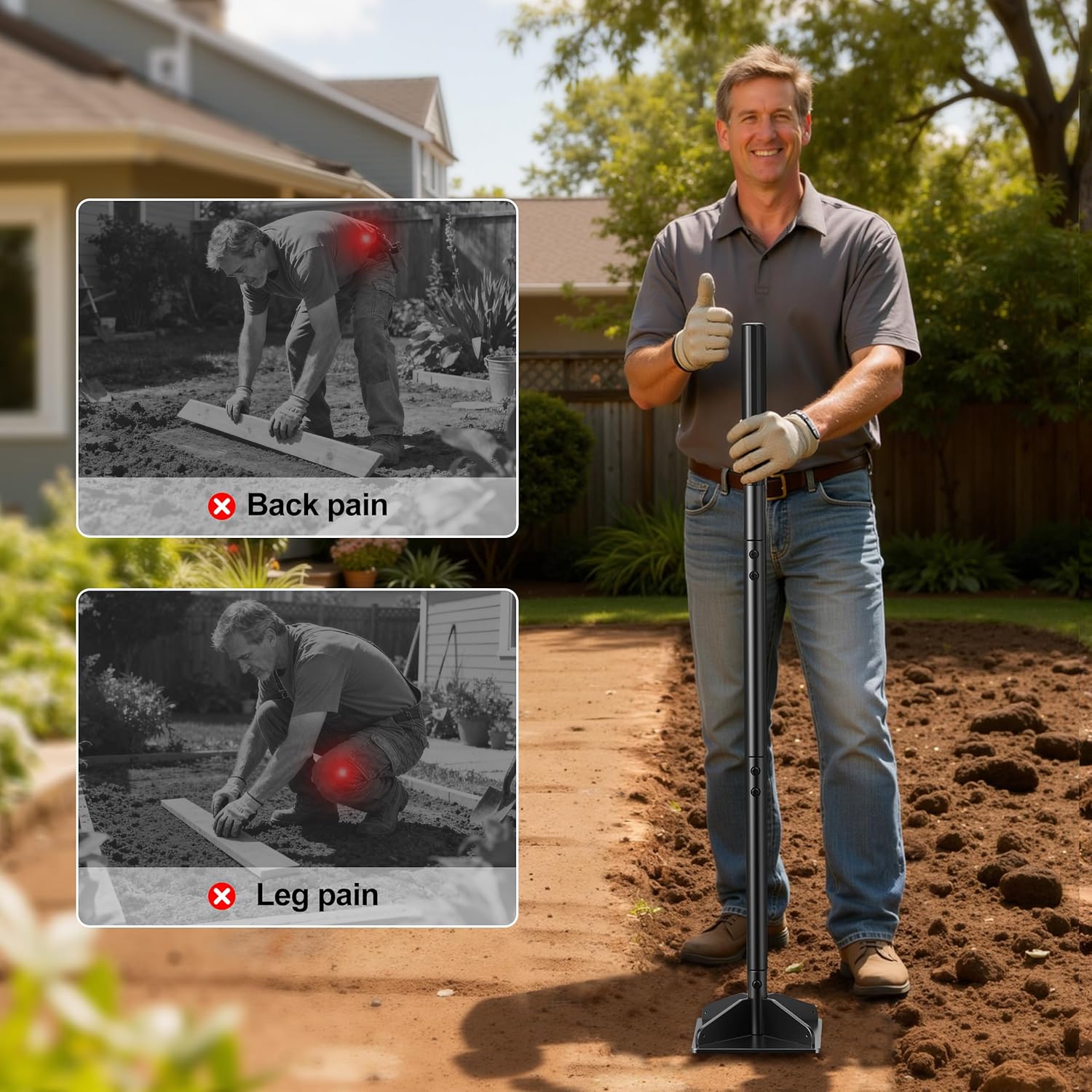 Heavy Duty Steel Tamper, 48" Handle Tamper with Comfortable Rubber Grip, 8×8" Garden Tamper Tool for Soil, Gravel, Asphalt & Lawn