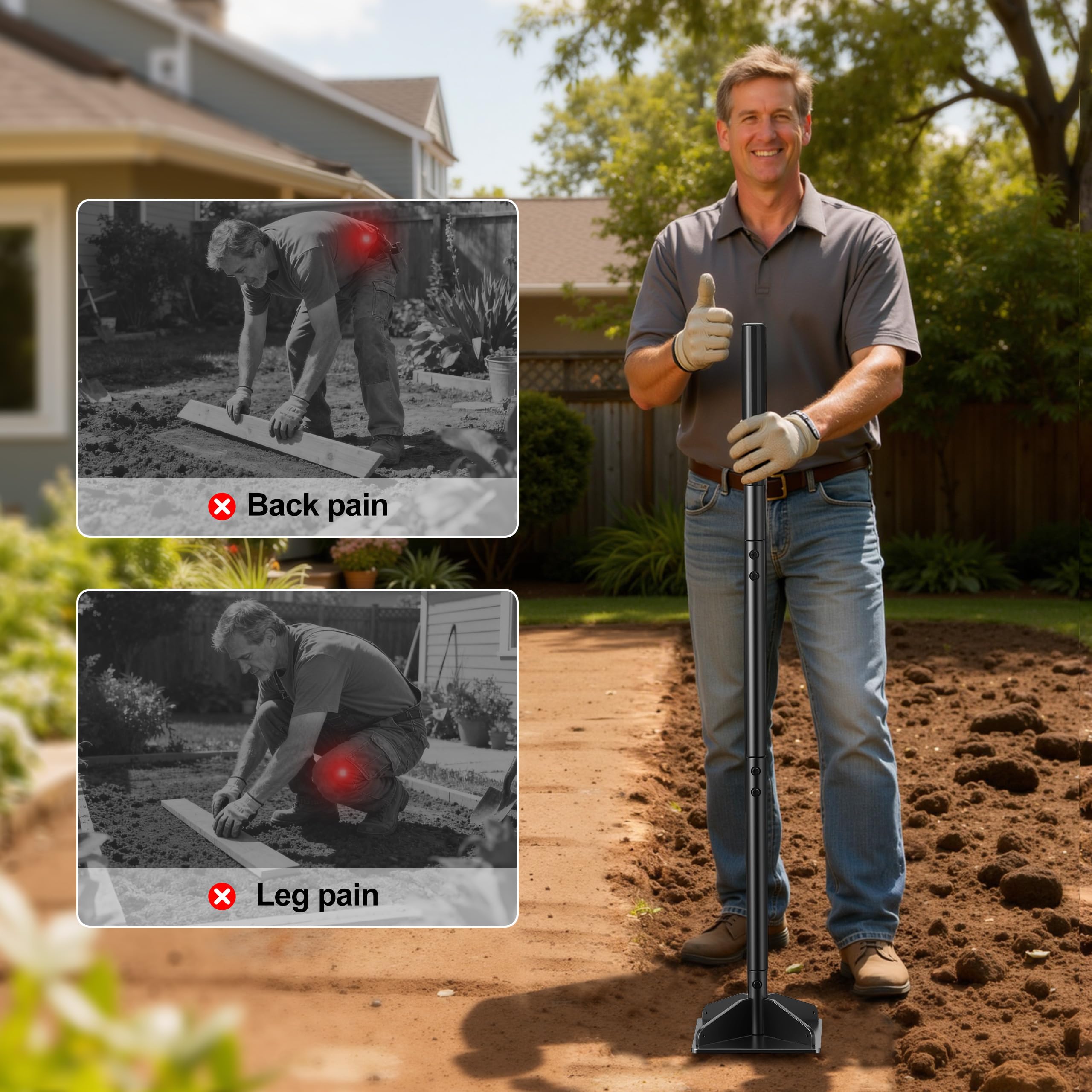 Tamper in acciaio resistente con bulloni aggiornati e base rinforzata, manico da 121,9 cm con comoda impugnatura in gomma, piastra da 20,3 x 20,3 cm, facile da montare, manomissione manuale per