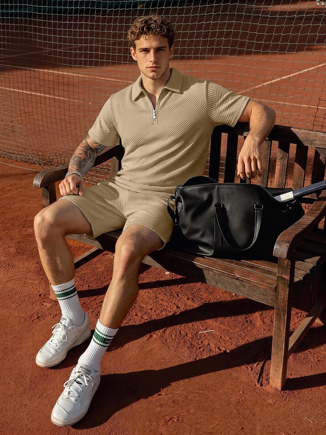 PLEPAN Men's 2 Piece Summer Outfits Sets 1/4 Zip Polo Shirts with 8" Shorts image 3