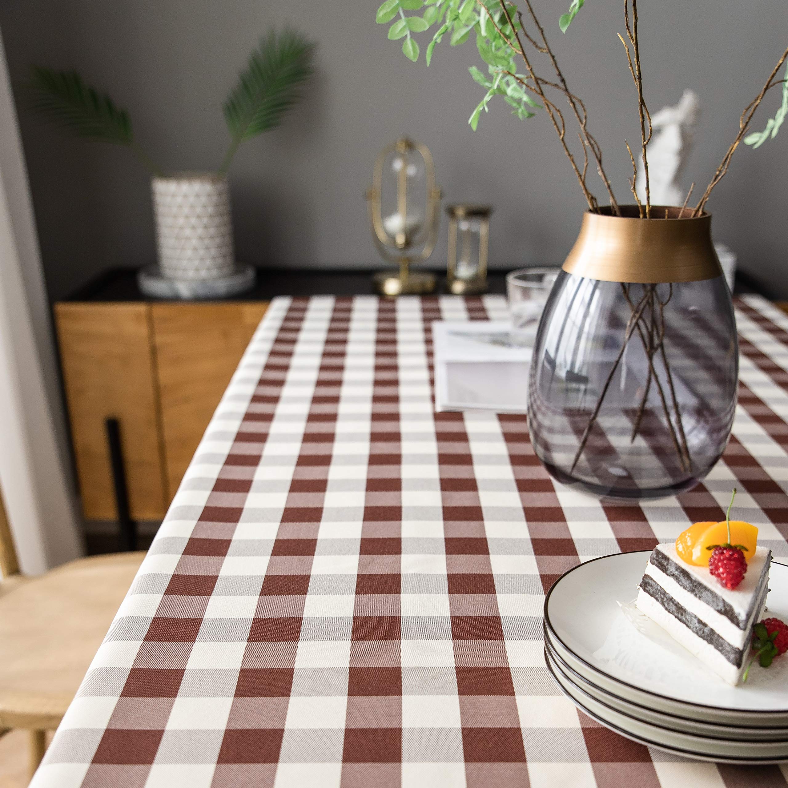 Aquazolax Brown Picnic Tablecloths Rectangular, Large Checkered Table Cloth for 6 Foot Rectangle Tables, Cloth Table Covers for Dinning/Kitchen/Patio, 60x84 inch Brown and Cream