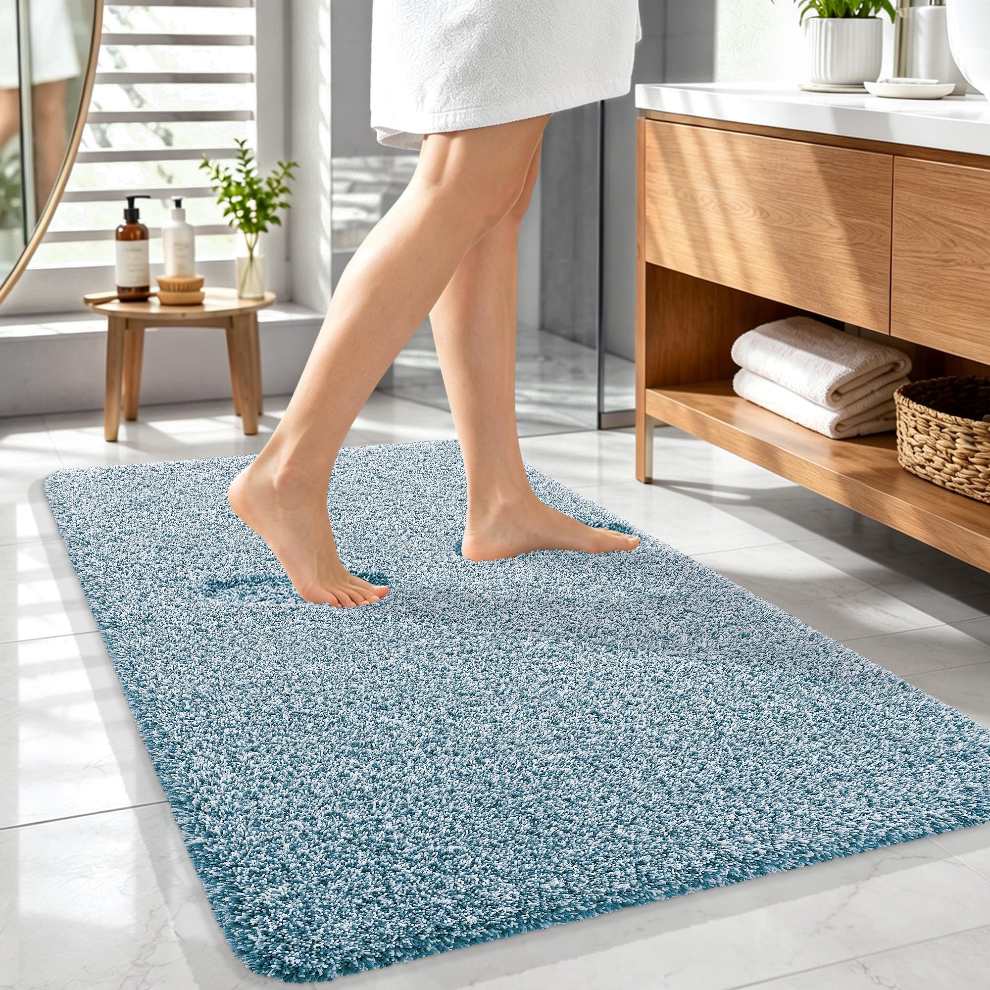 OLANLY Microfiber Soft Bathroom Rugs Mats 44x32, Peacock Blue and White