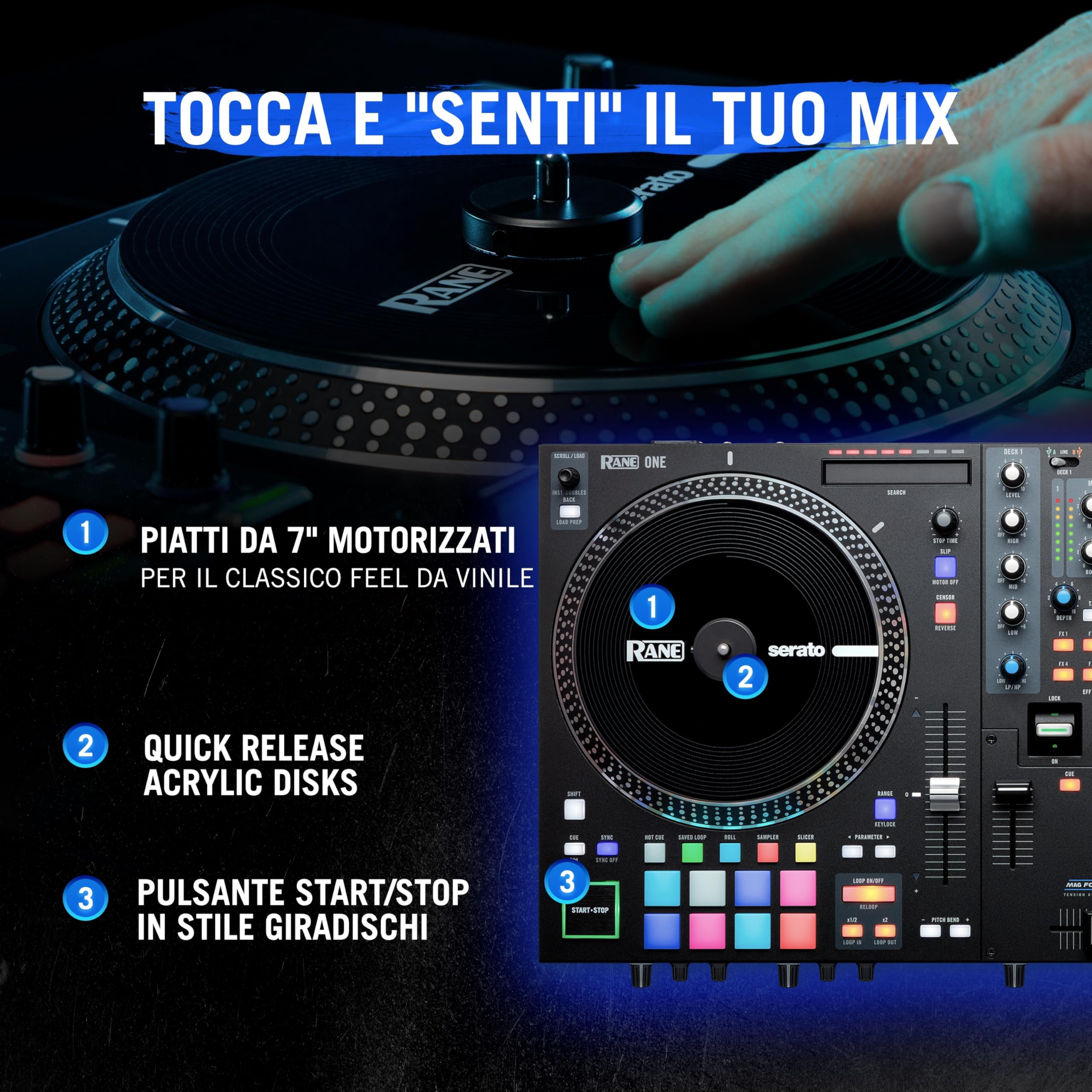 RANE ONE - Console DJ Professionale con Piatti Motorizzati da 7.2", Controller per Serato, Mixer DJ con Serato DJ Pro Incluso, Effetti e 8 Pad