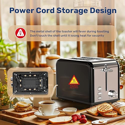 Miniatura 6 de Simple Deluxe Tostadora de acero inoxidable de 2 rebanadas, 6 ajustes de tostado y tostadora de ranura extra ancha de 3 funciones, con bandeja