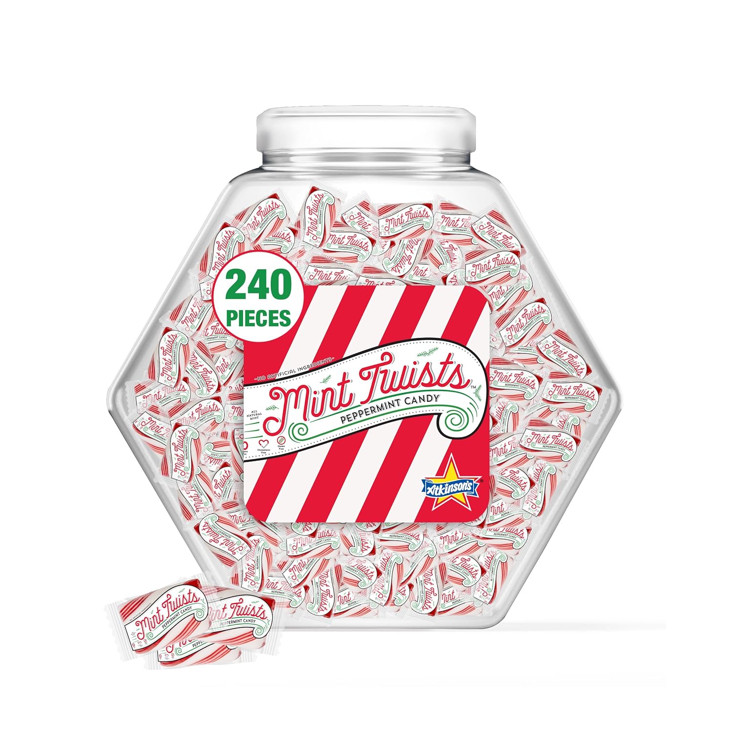 Atkinson's Natural Mint Twists - Peppermint Red & White Candy - Gluten Free, Kosher, Vegan - 0.16 oz. Bite Size Candy - 240 Piece Jar