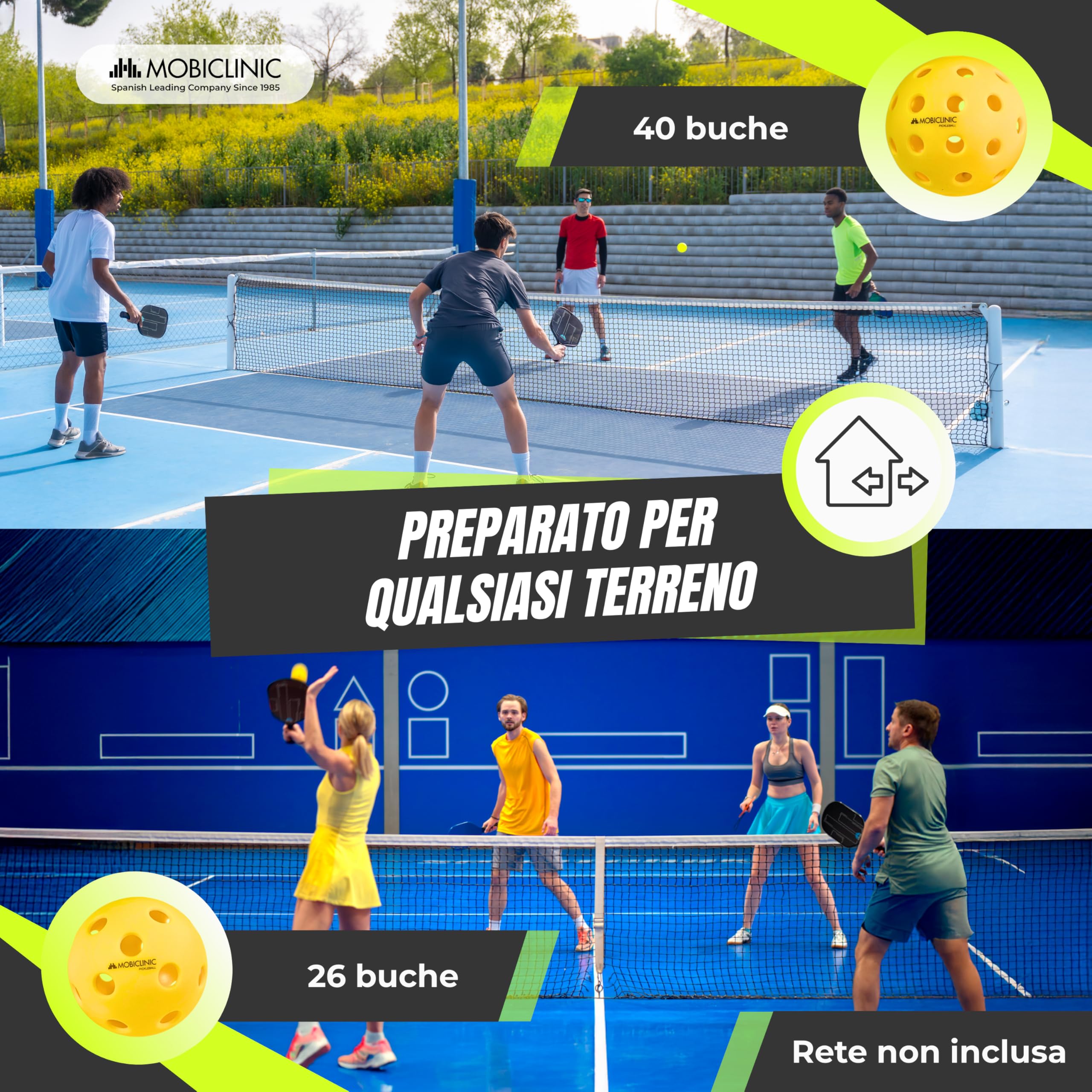 Mobiclinic®, Set da Pickleball, Racchette in Fibra di Vetro, Palline per Interni ed Esterni, Borsa per il Trasporto, Anima in Polipropilene a Nido D'ape, Grip