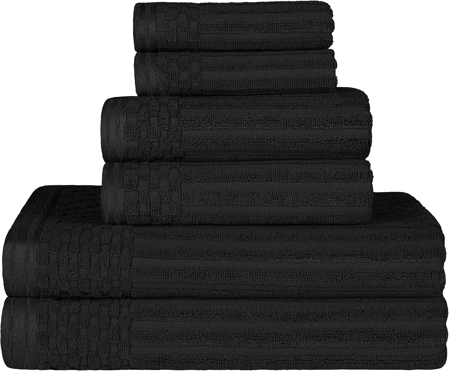 BLUENILEMILLS BNM Cotton 6 Piece Towel Set, Daily Use for Bathroom, Guest Bath, Quick Dry Small Towels, Face, Hand, Gym, Spa, Hotel, Absorbent, Home Essentials, Ribbed, Checkered Border, Black
