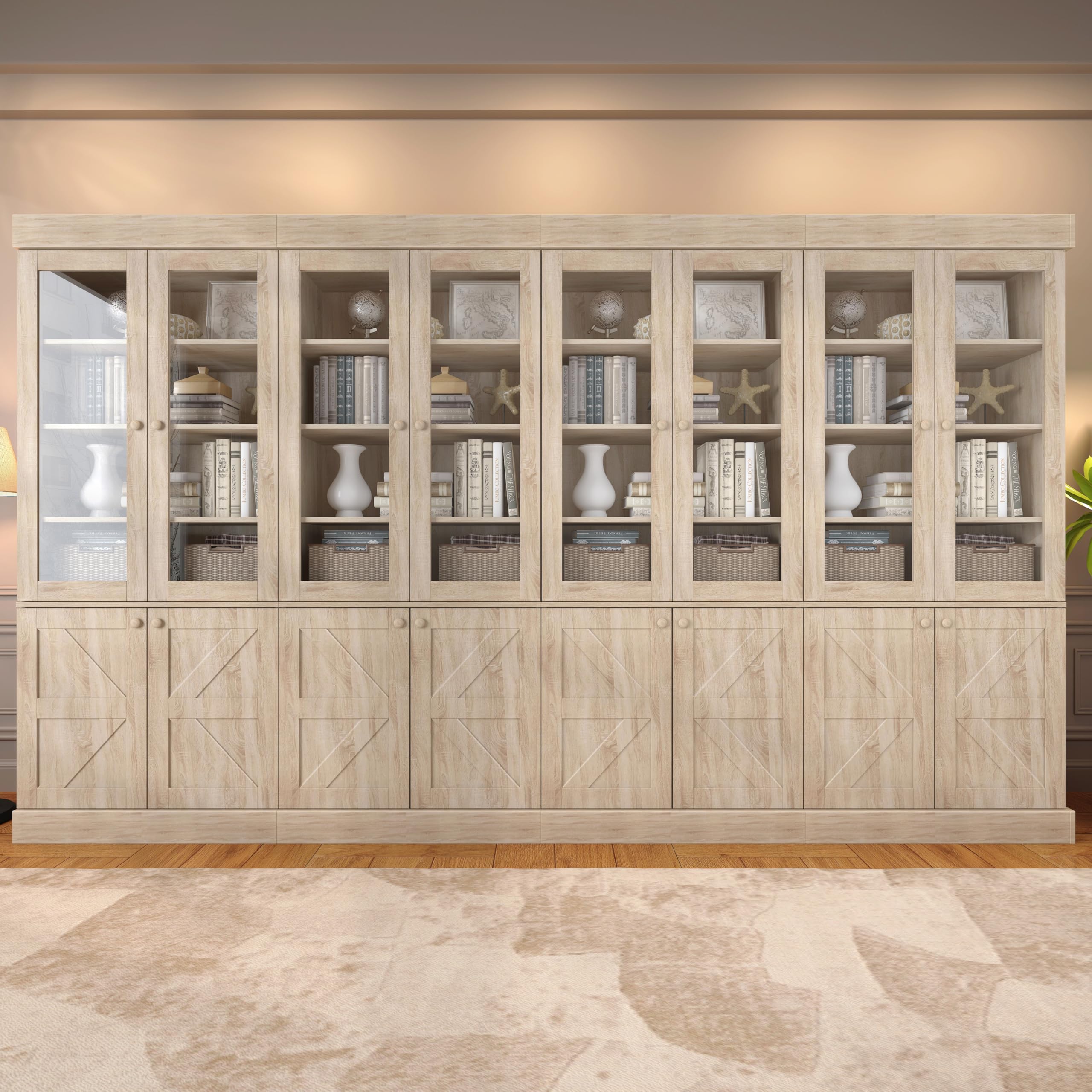 Vyre 71" Tall Farmhouse Kitchen Pantry, Set of 4 Large Storage Cabinets with Glass Doors, Adjustable Shelves, Wood Versatile Hutch Cabinet for Living