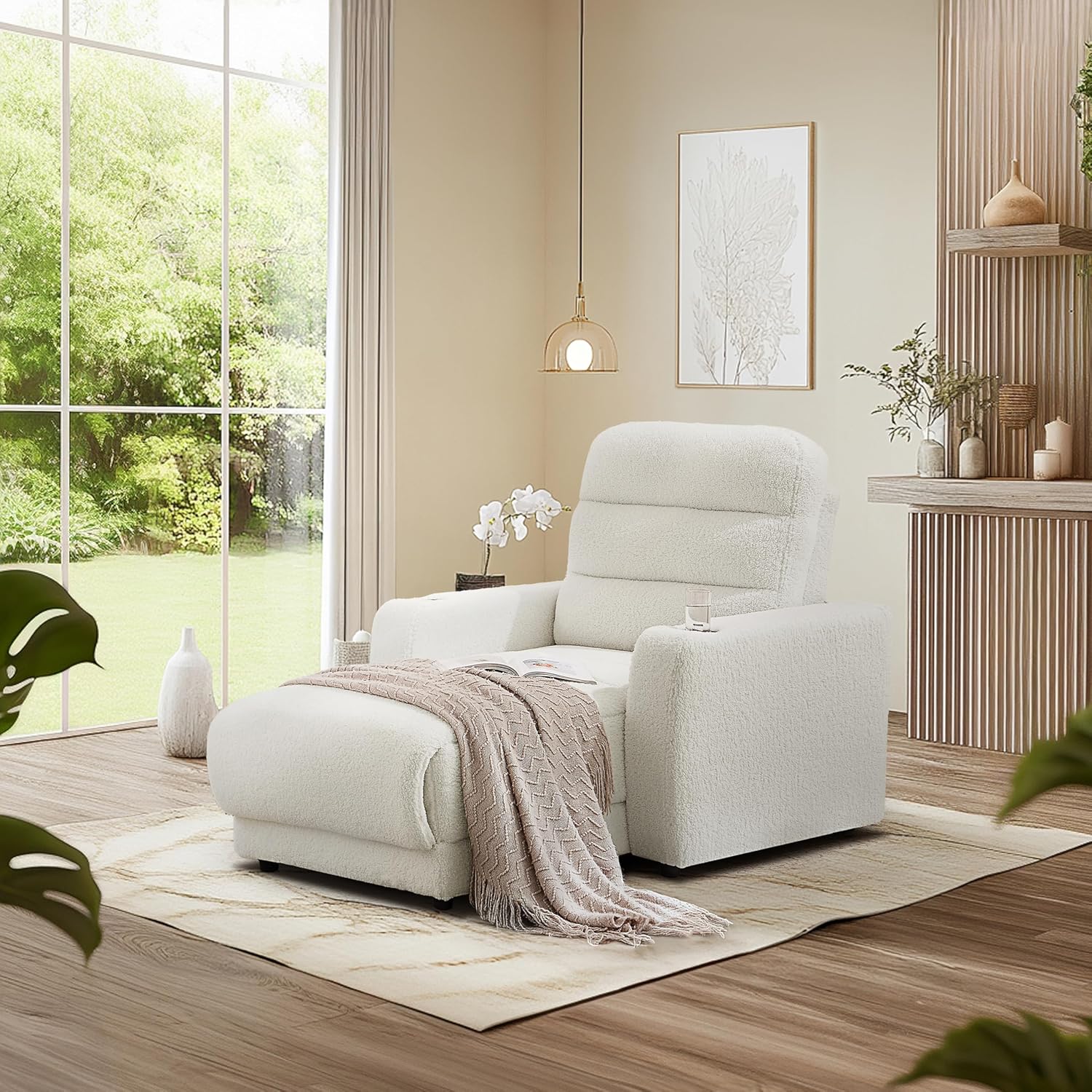 Power Recliner Chair with Cup Holder Comfy Reading Chair for Bedroom Oversized Recliner for Living Room,Apartment (Boucle, White)