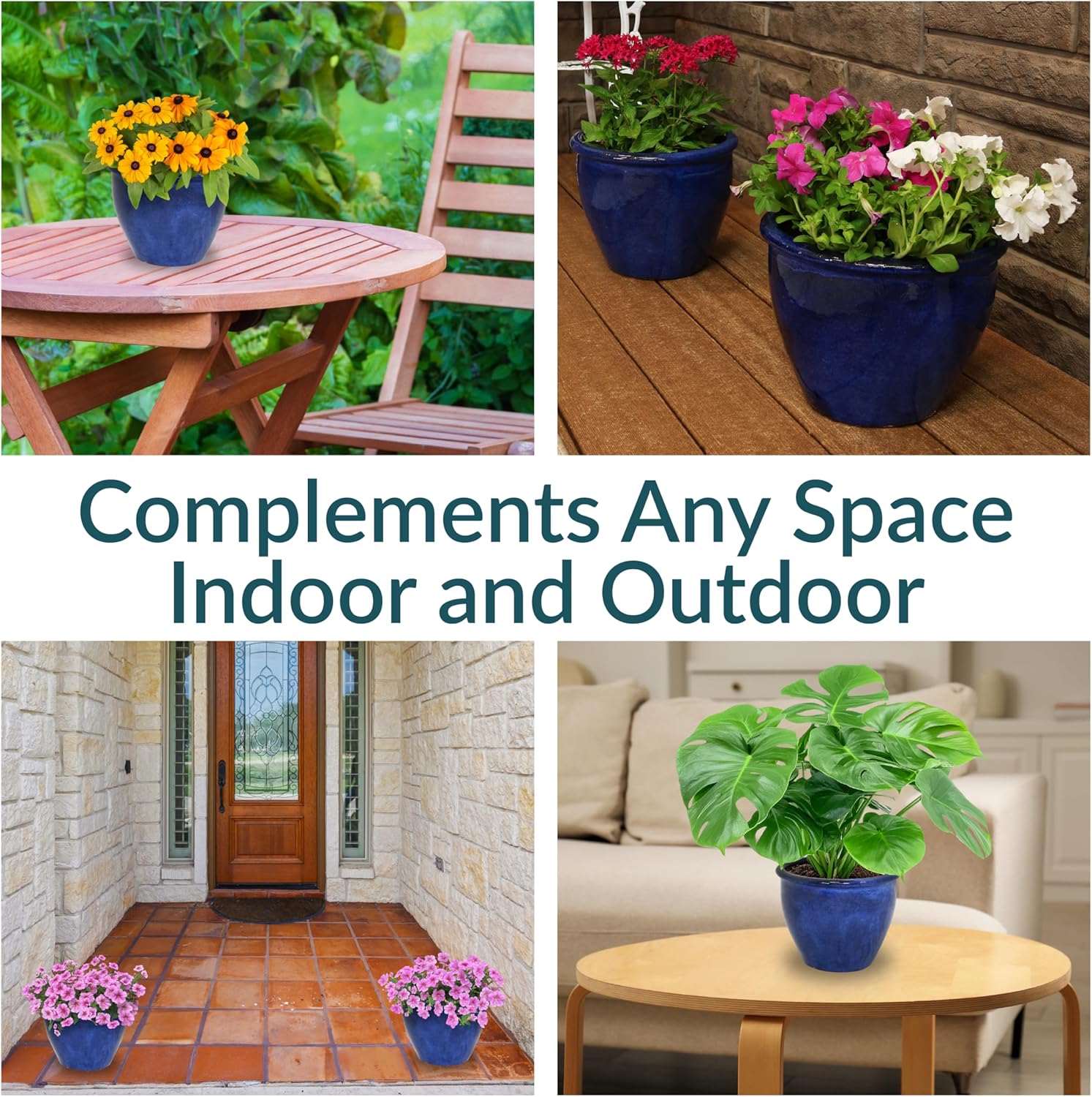 Sunnydaze Round Ceramic Planter - Set of 2 Indoor or Outdoor Plant Pots with Drainage Hole - Chalet - 12" - Imperial Blue Glaze
