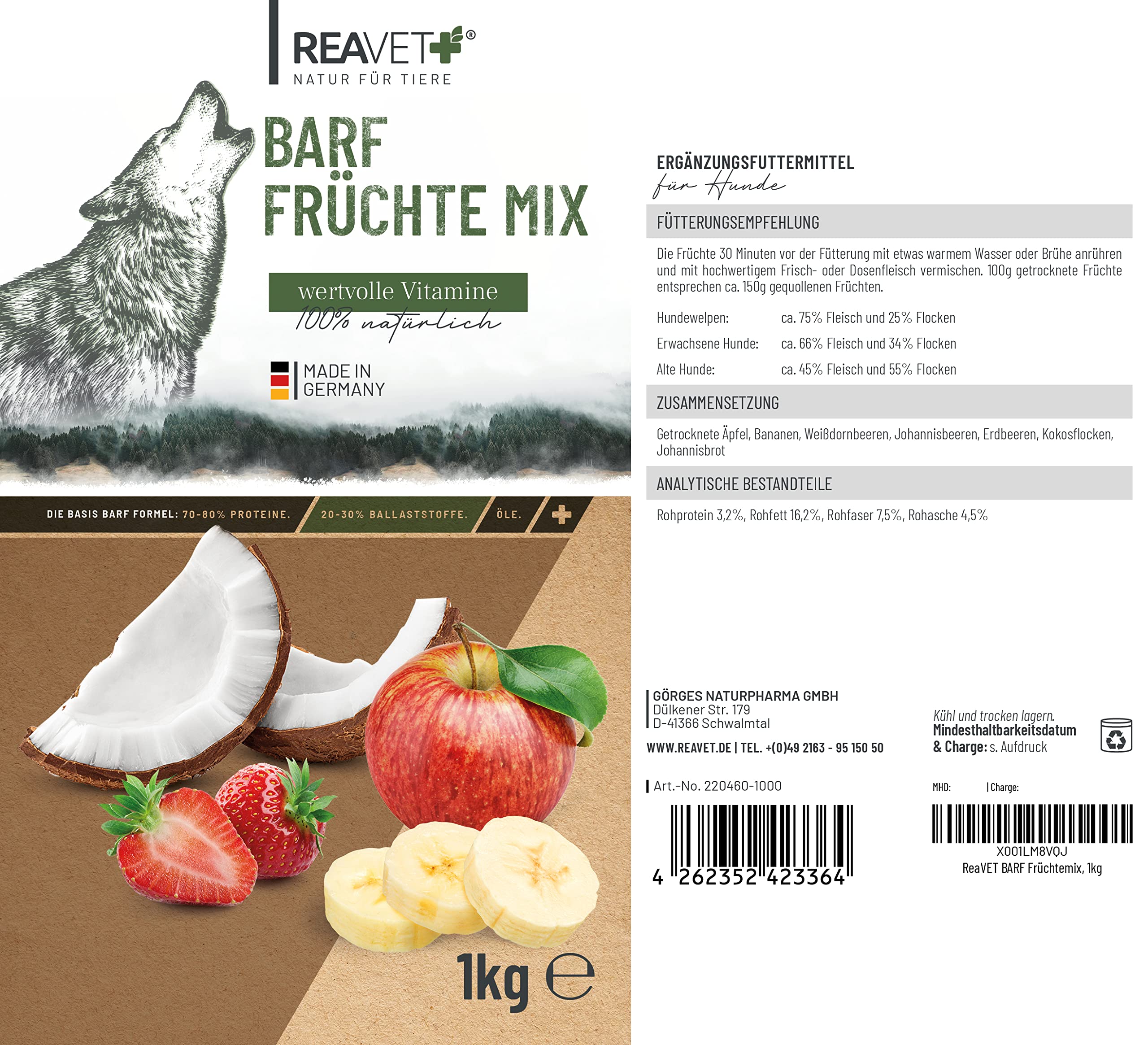 ReaVET Barf mieszanka owoców 1 kg, płatki owocowe dla psów, bez zbóż i glutenu, dodatek barf dla psów, karma dla psów Barf, karma dla psów
