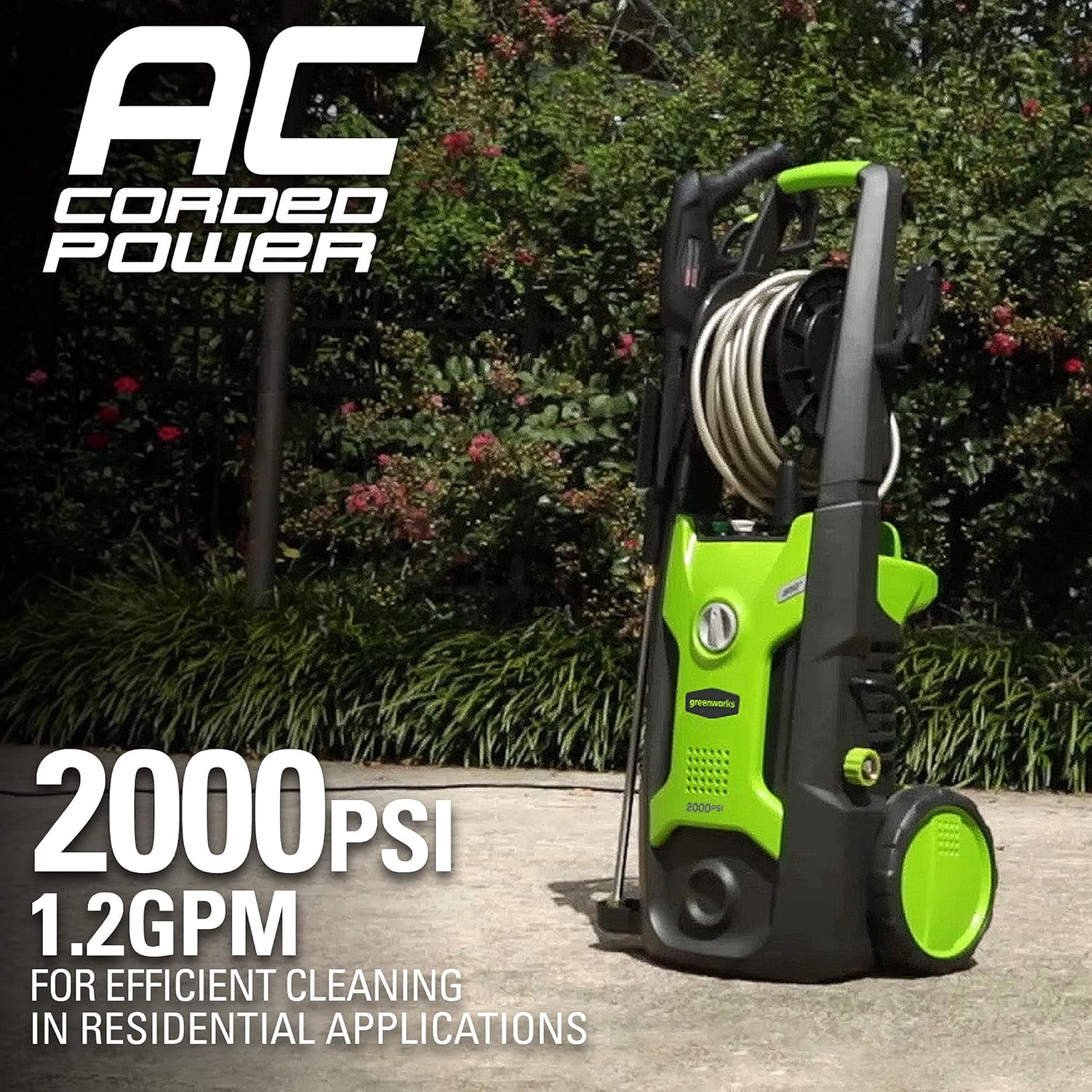 Greenworks 2000 PSI Pressure Washer set up on a patio