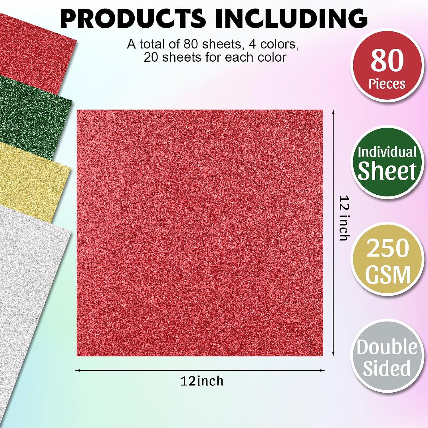 Yeaqee 80 Sheets Glitter Cardstock 12x12'' Double Side Craft, Classic Color