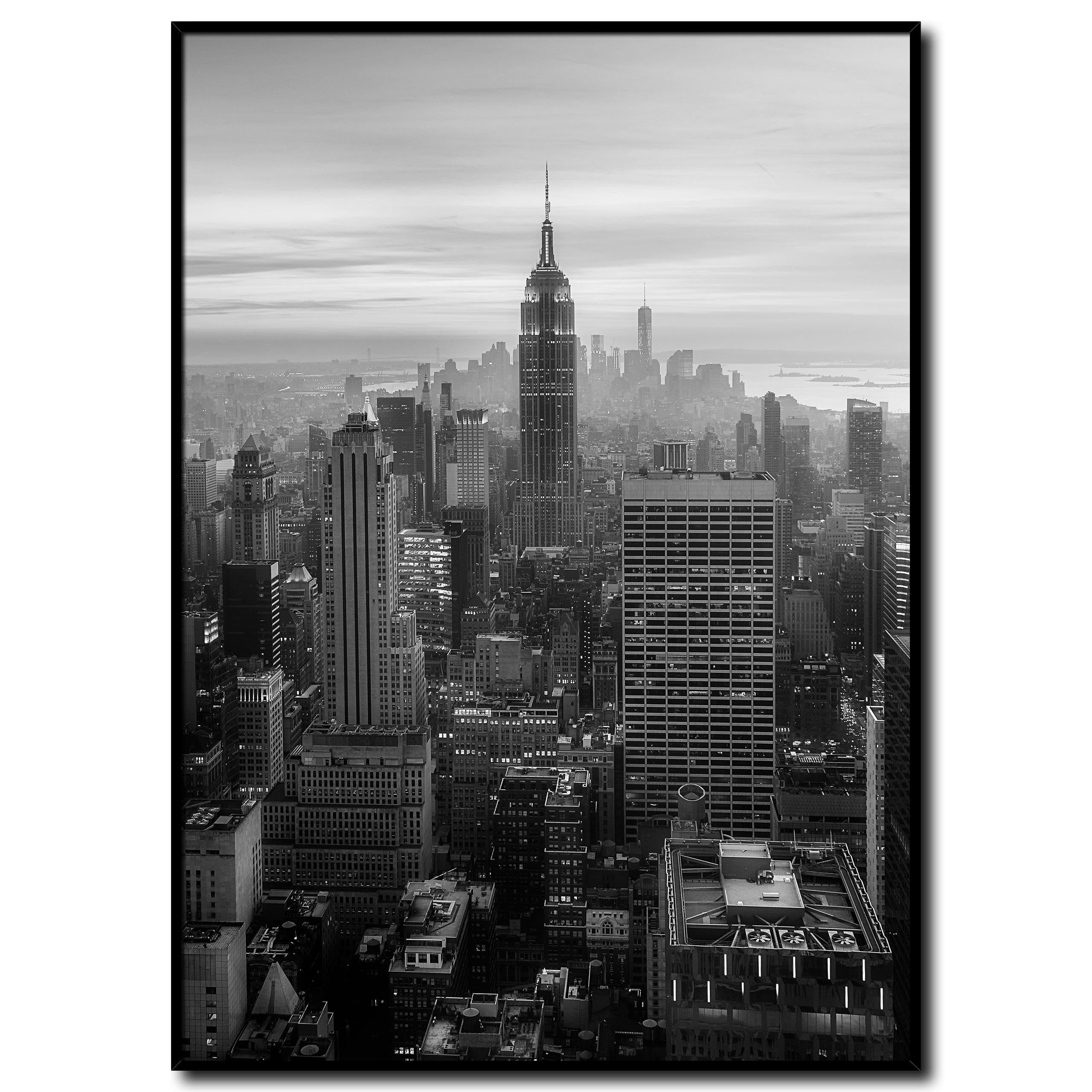 daazoo Bild New York Empire State Building mit Rahmen 50 x 70 cm (AUFHÄNGFERTIG) - Blick auf die Skyline von New York - Gerahmtes Wandbild - Bilder Set - schwarzweiß schwarzweiss schwarz weiss weiß