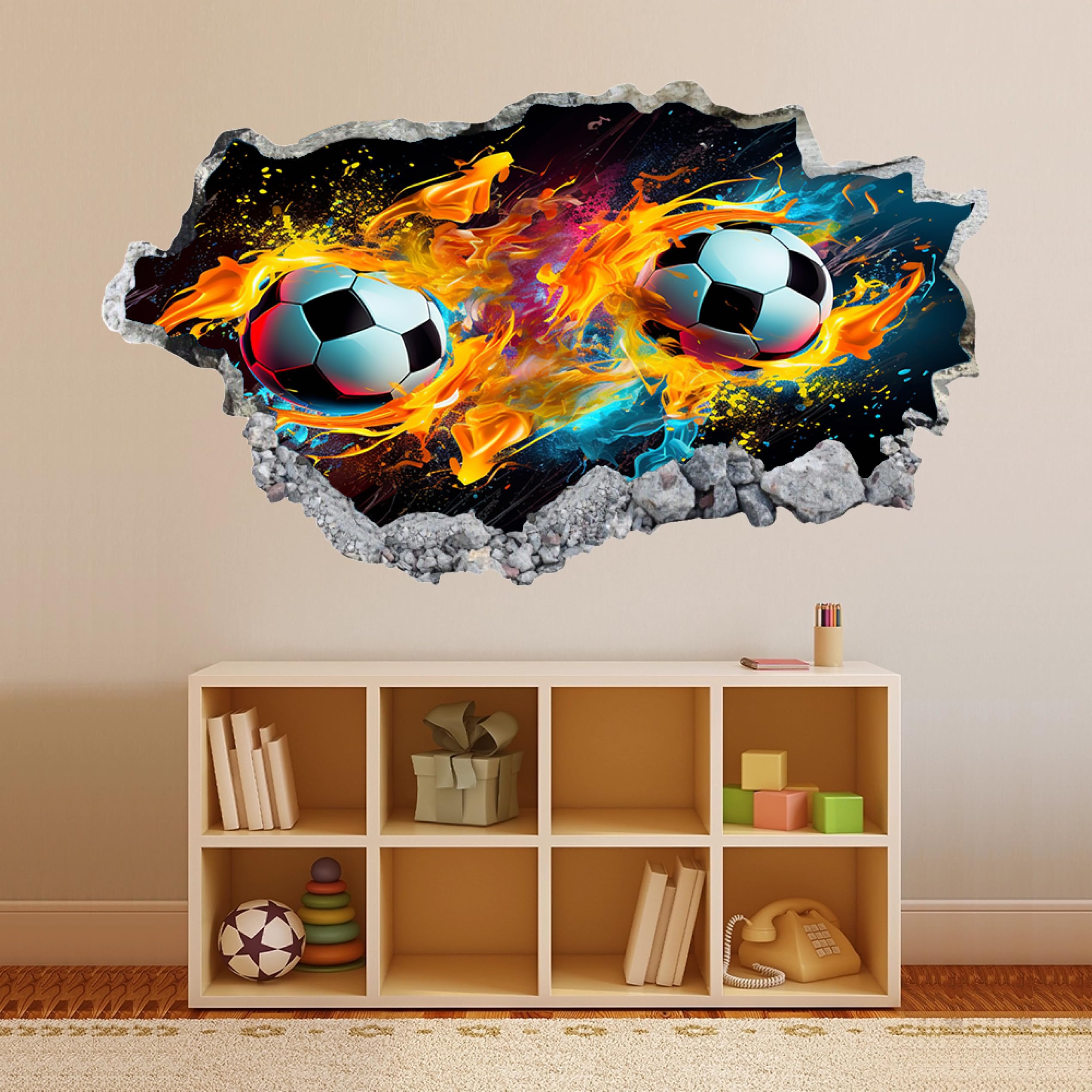 Adesivi 3D per decorazioni murali distruttiSport Delle Fiamme Del Calcio Adesivo da parete Tatuaggio da parete per la decorazione della parete della cameretta dei bambini 70x122cm