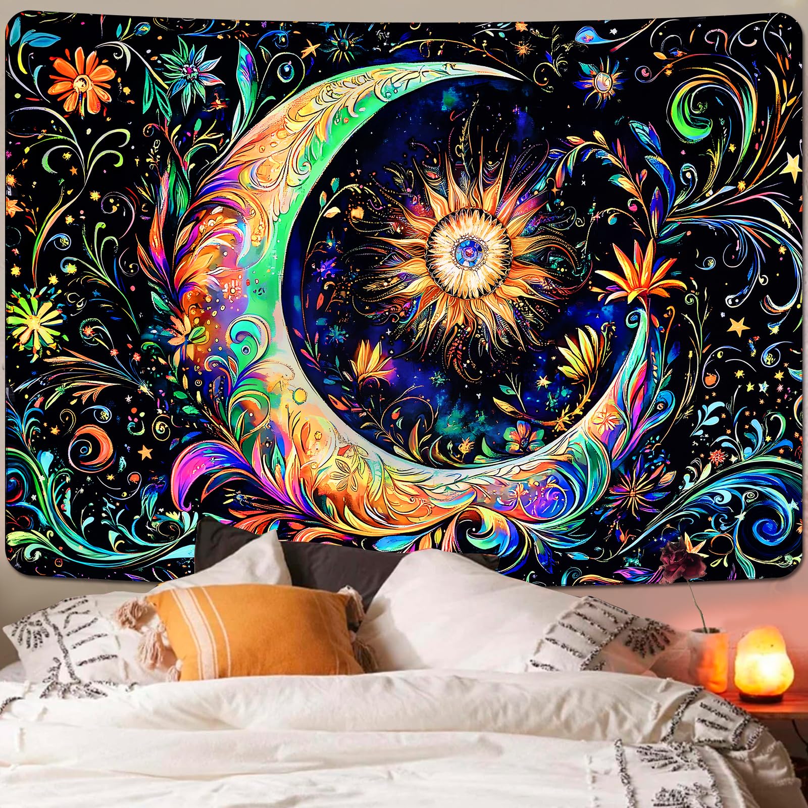 Invoibler Schwarzlicht-Wandteppich, UV-reaktiv, Mandala, Mond, Sonne, Wandkunst, Bohemian-Stil, ästhetischer Boho-Wandbehang für Schlafzimmer (180 x 235 cm)