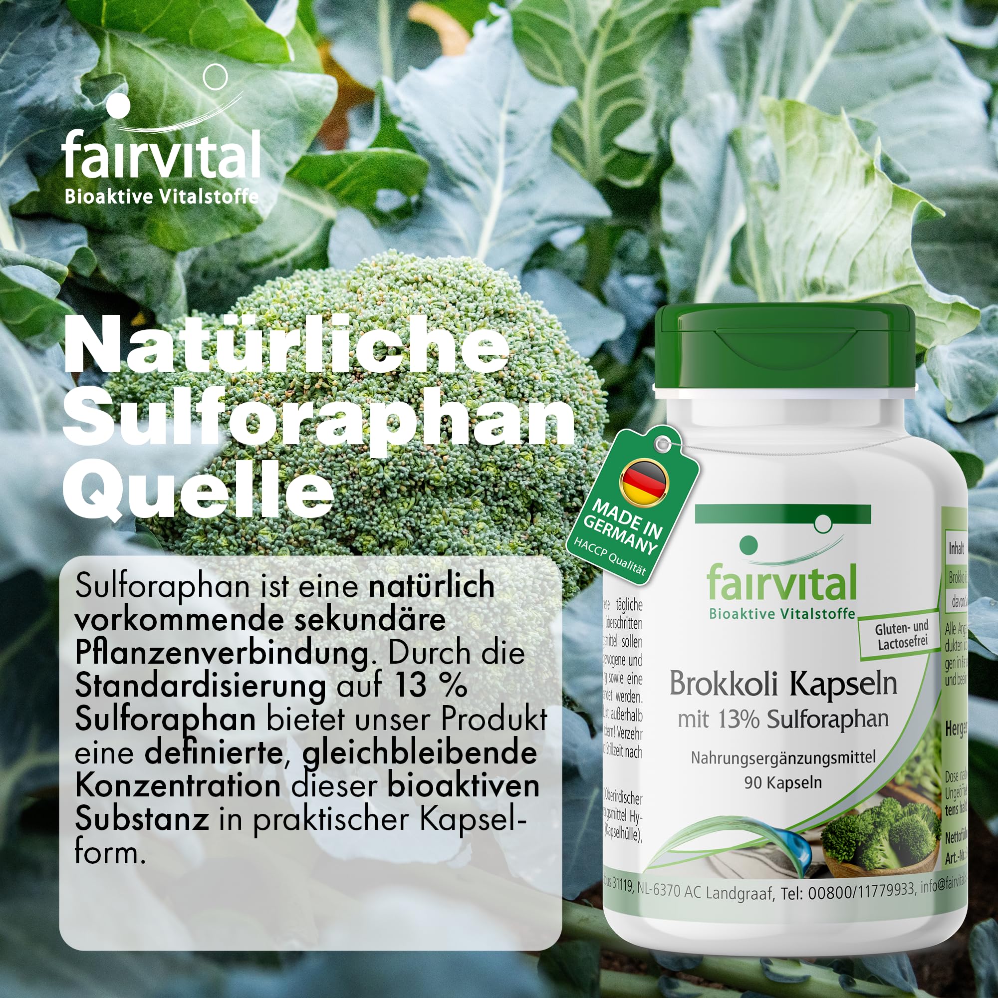 fairvital Brokkoli Kapseln, 90 Kapseln, 1000mg Brokkoli Extrakt & 130mg Sulforaphan pro Tagesdosis, qualitätsgeprüft und hochdosiert, 100% vegan, Made in Germany