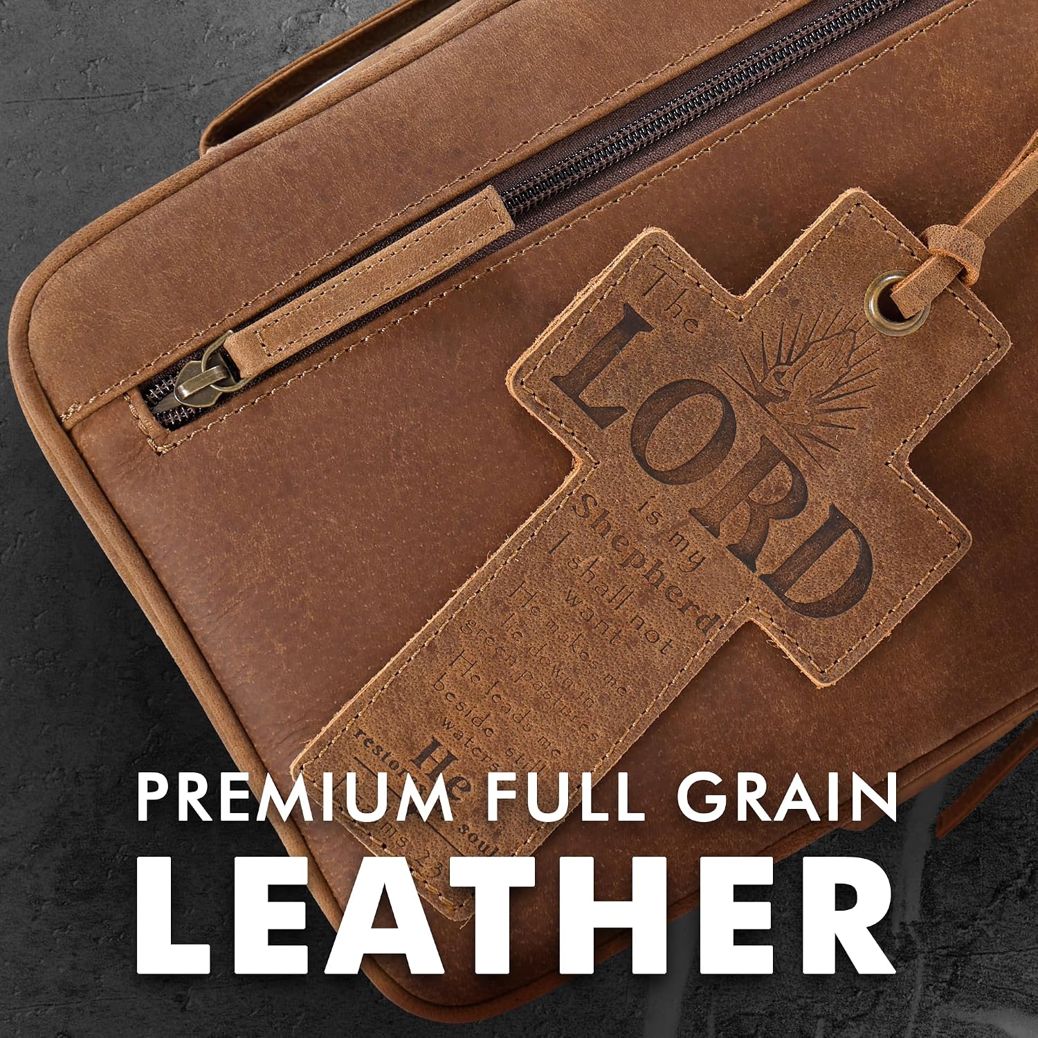 ELIZO Full Grain Leather Bible Cover for Women, Floral Large Bible Cases for Woman, Genuine Leather Sleeve Pouch Organizer Protector Carrying Bag with Zipper Christian Gifts for Women Bookmark, Saddle