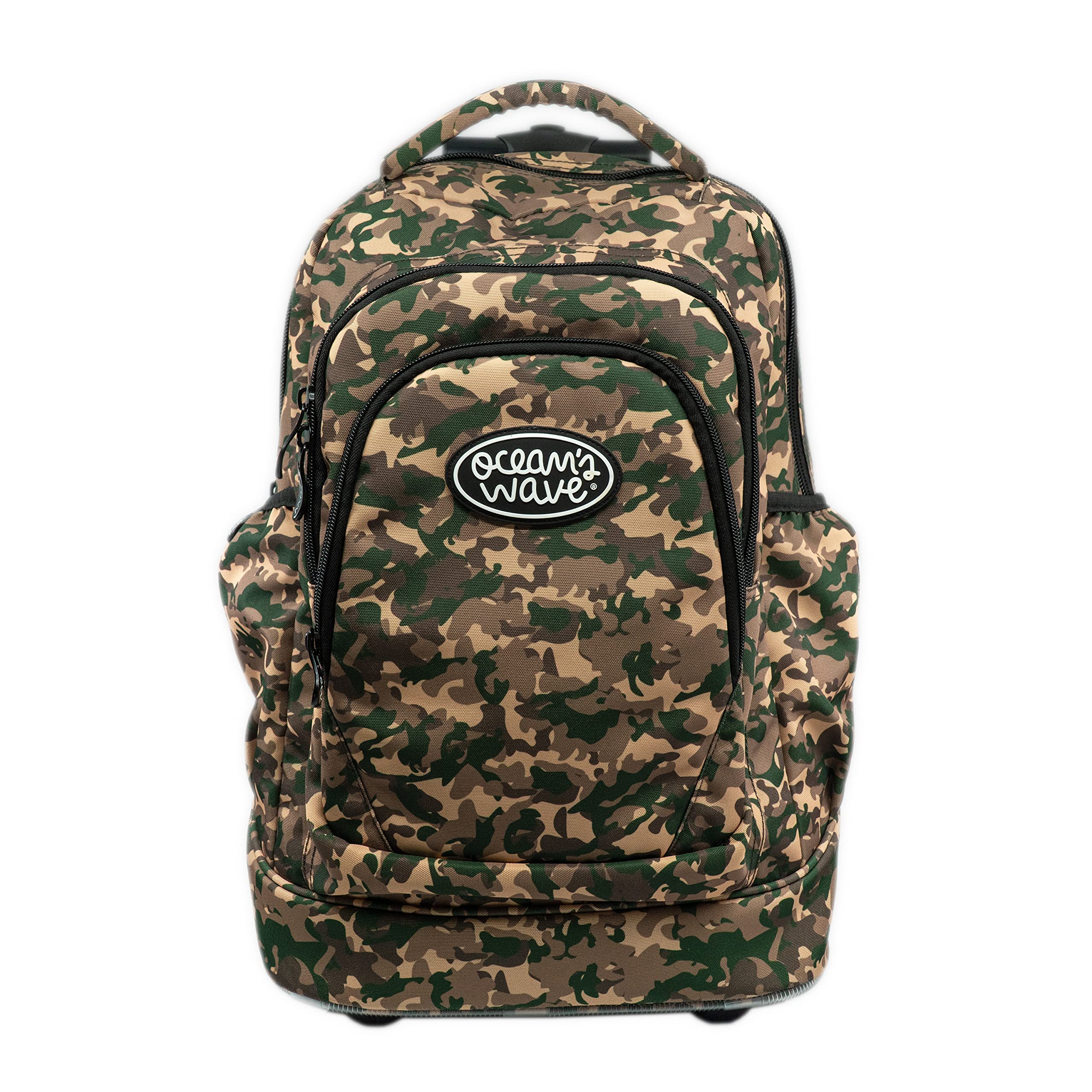 Ocean's Wave Mochila Escolar de Carro Camuflaje Tierra - 50 x 35 x 25 cm - Capacidad 35 L - 3 Bolsillos con Cremallera y 2 Laterales - Mango Adaptable en 3 Posiciones Mochila con Ruedas de 8,5 cm