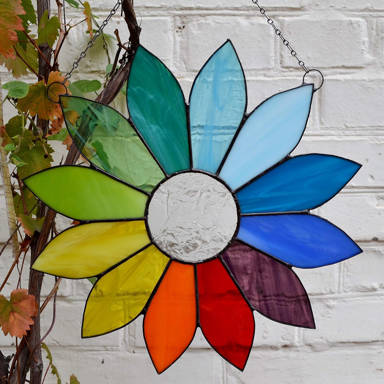 Large Rainbow Flower Stained Glass Suncatcher for Window Hanging or Wall Decor, Bohemian Decoration