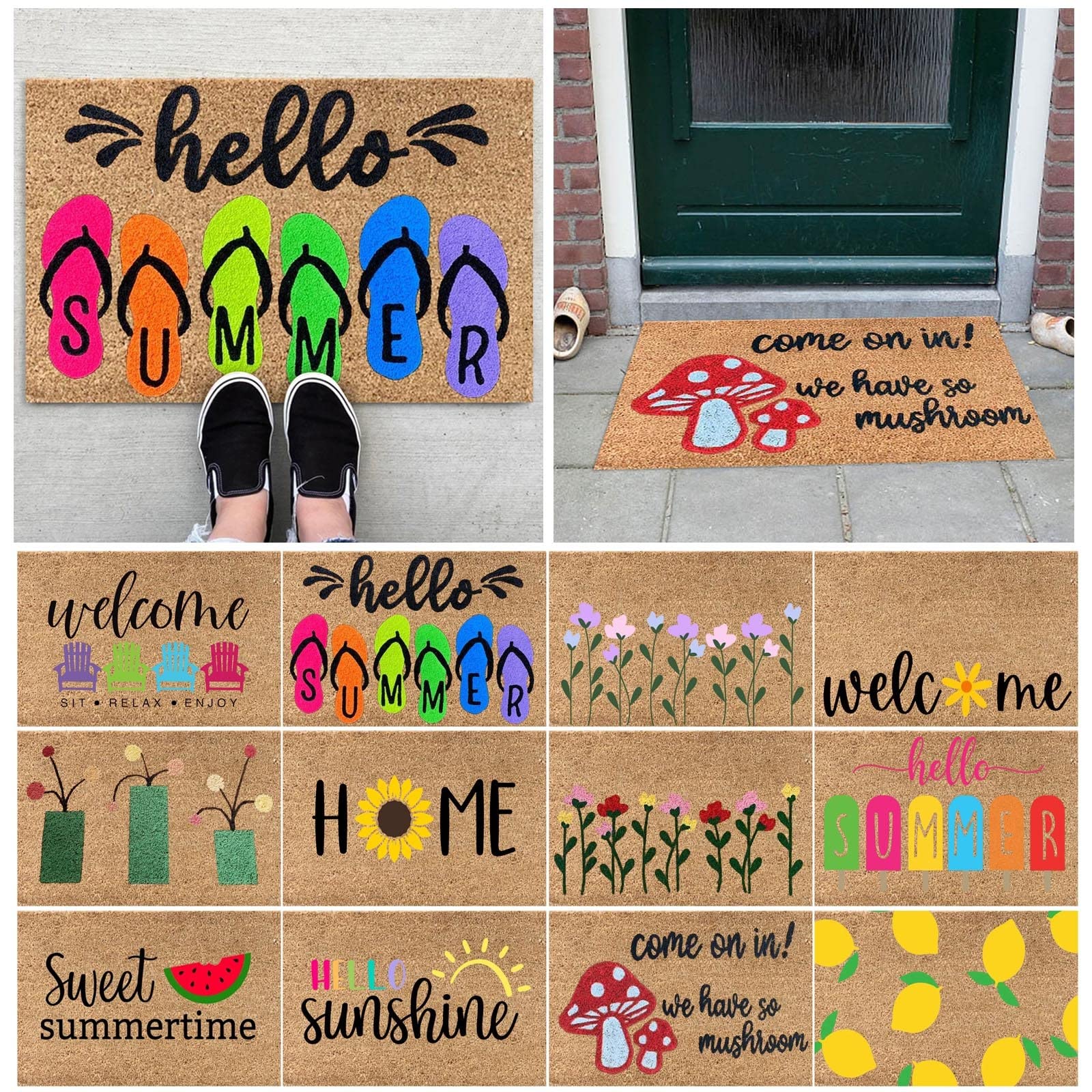 Summer Coir Door Mat, Hello Summer Welcome Door Mat Floral Decorative Doormat Farmhouse Floor Rug,Watermelon,Slippers,Summertime Doormat,Non-Slip Front Porch Entryway Rug Indoor Outdoors