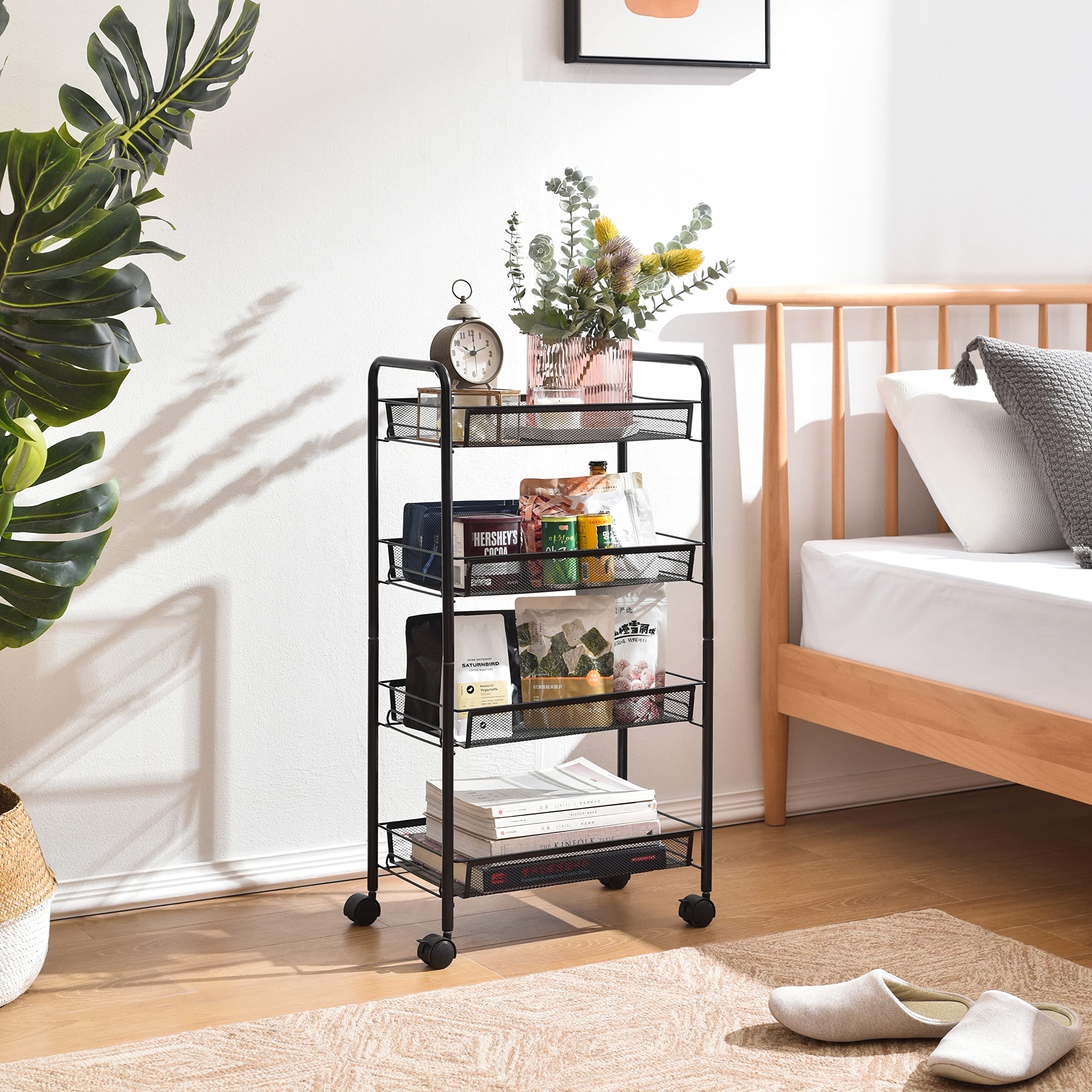 Carrello da cucina a 4 piani, in metallo, versatile, con 4 ruote libere, 4 ganci, per casa, ufficio, cucina, bagno, camera da letto (nero)