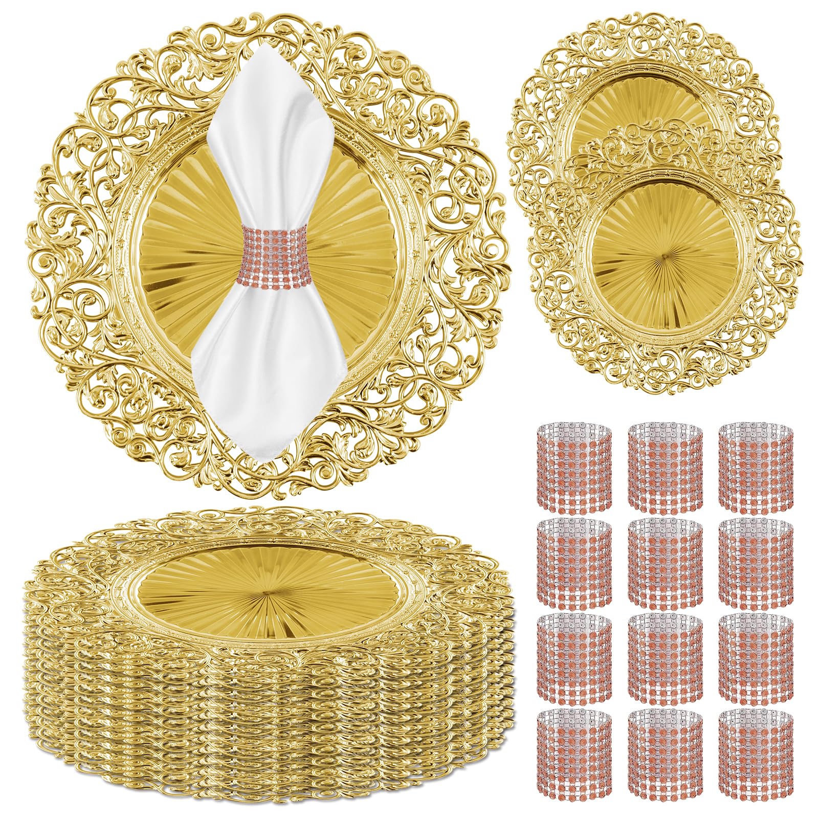 Photo 1 of 12 Set Gold Charger Plates with 12 Napkin Rings, 13-Inch Stackable Chargers