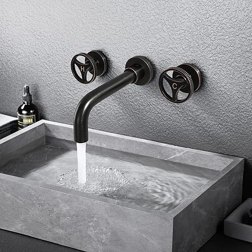 Miniatura 3 de SKOWLL Grifo de baño de 2 manijas para montaje en pared, grifos de bañera generalizados de bronce aceitado, grifo de lavabo moderno de 3 agujeros