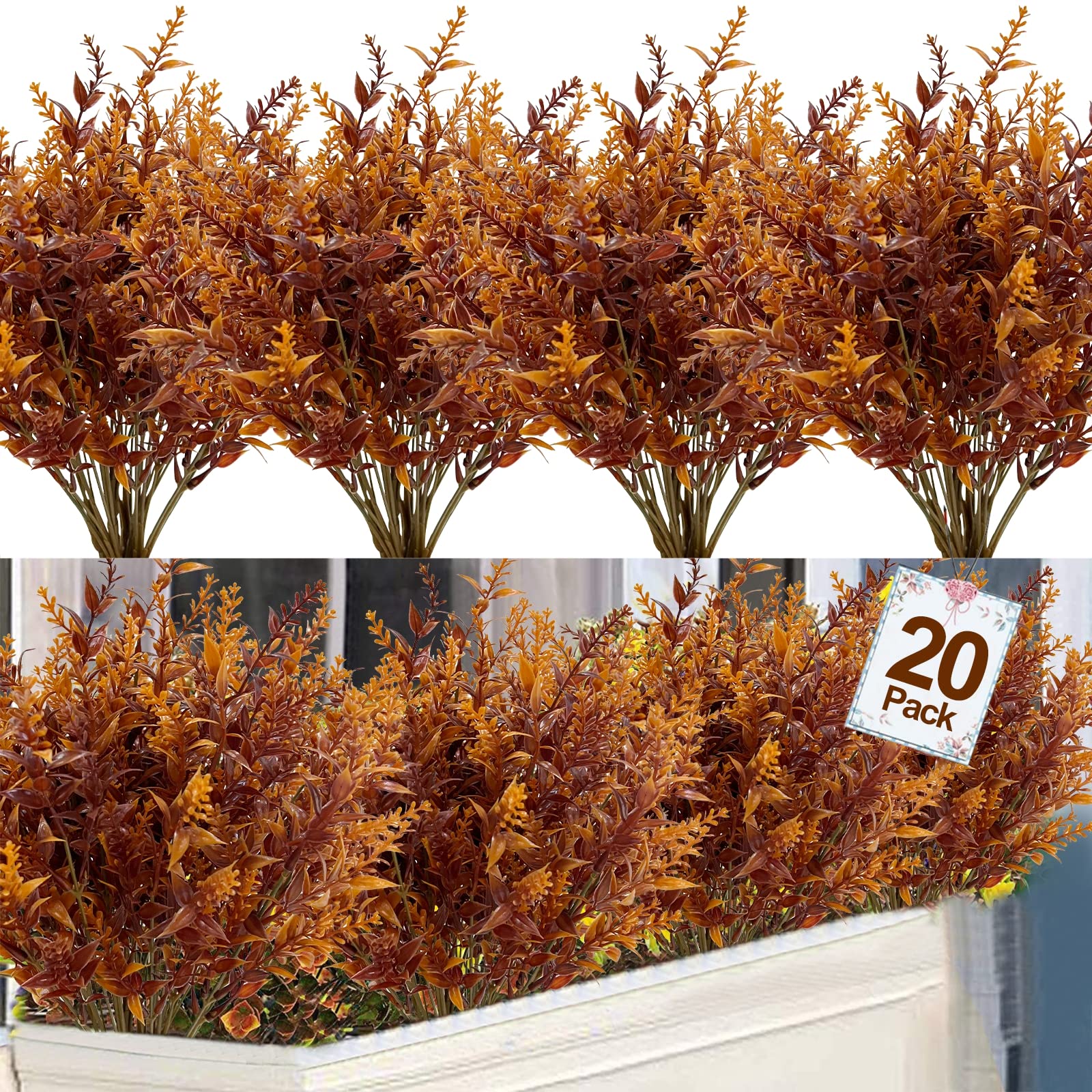 20 bundles artificial fall flowers outdoor fall decor artificial lavender fake plastic plants uv resistant faux plants flowers fall autumn thanksgiving decorations indoor home garden(brown orange)