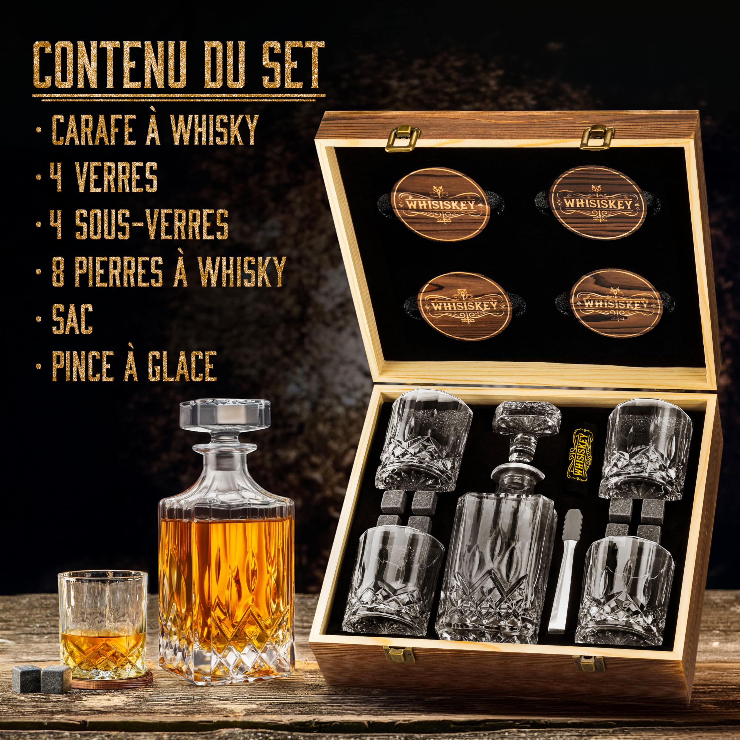 WHISISKEY Ensemble Carafe à Whisky - Coffret Cadeau à Whisky - Cadeaux pour Hommes - Cadeau d'anniversaire pour Homme - Carafe Classique 700 ML - 4 Verres à Whisky, 4 Pierres à Whisky