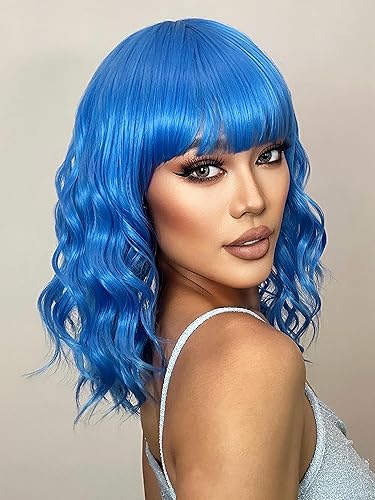 Miniatura 3 de AISI BEAUTY Peluca azul oscuro con flequillo, peluca corta ondulada estilo Bob, longitud hasta el hombro, pelucas azules para mujeres, 14 pulgadas